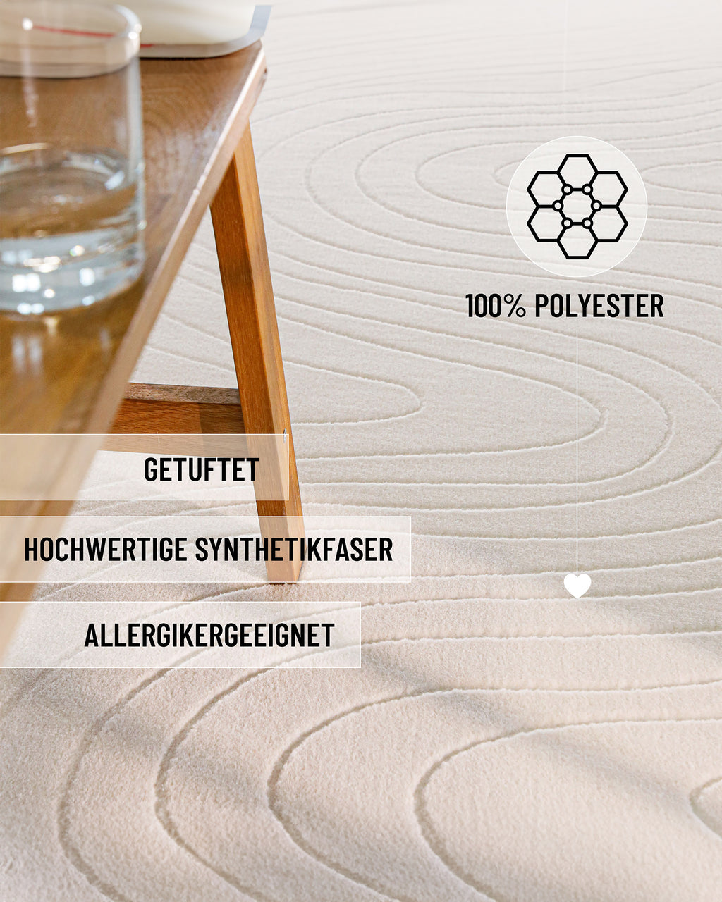 Kurzflor Teppich creme-weiß mit Info: 100% Polyester, getuftet, Allergiker geeignet