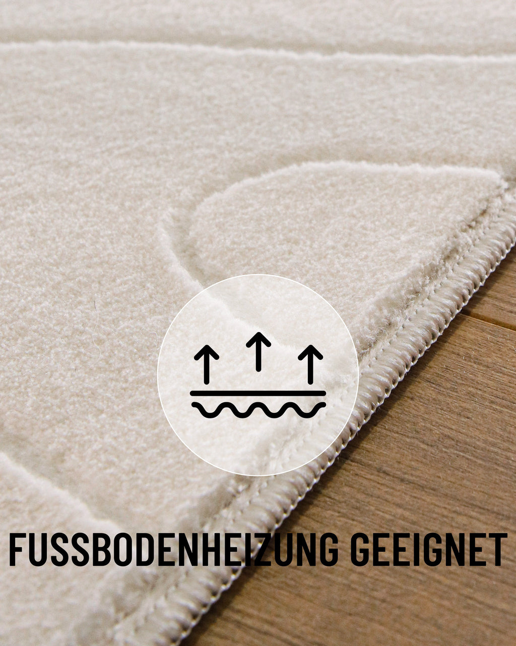 Kurzflor Teppich Nuuk Flow creme-weiß eingefasste Teppichkante mit Info: Fußbodenheizung geeignet