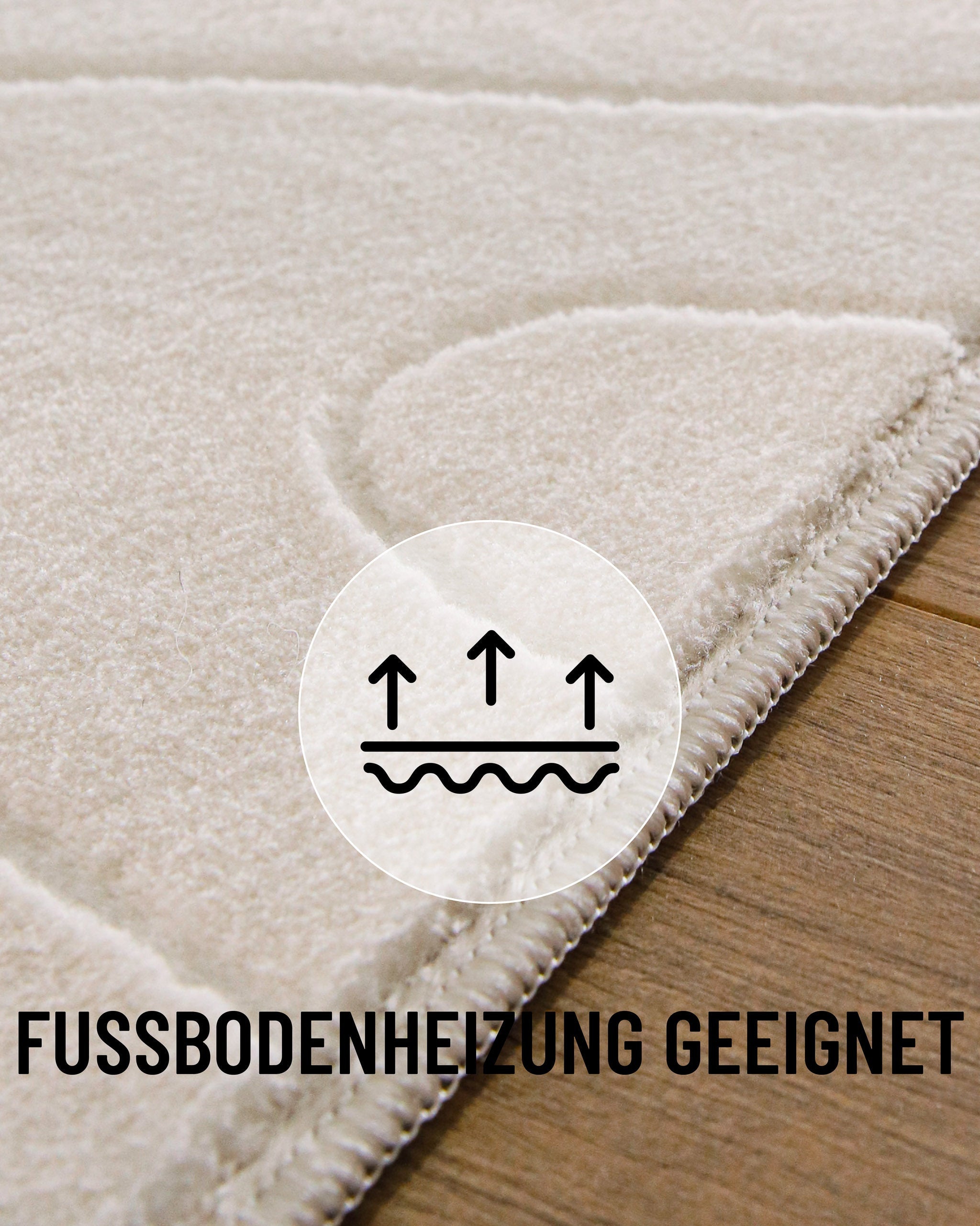 Kurzflor Teppich Nuuk Flow creme-weiß eingefasste Teppichkante mit Info: Fußbodenheizung geeignet