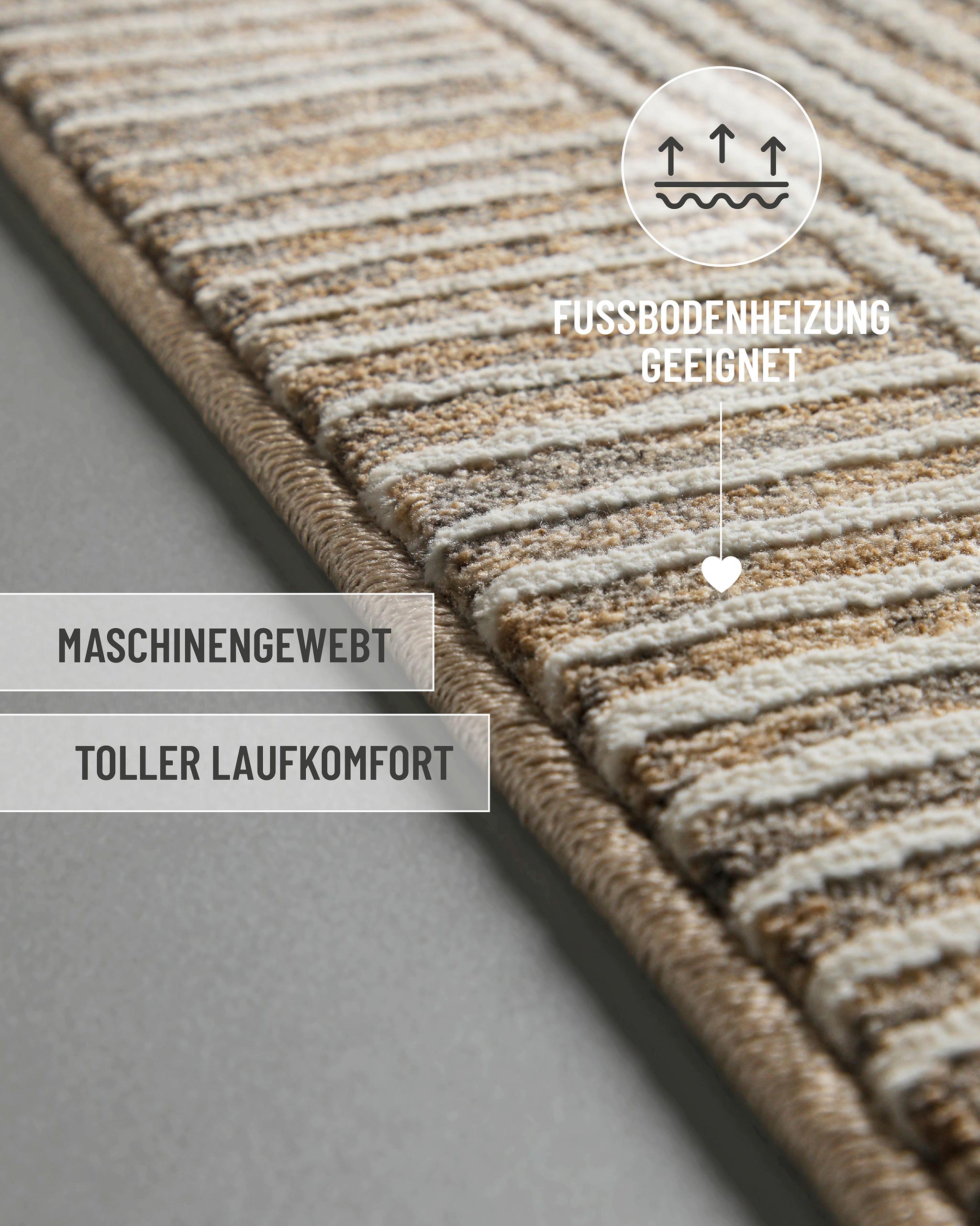 Esprit Kurzflor Teppich Raymond in Beige Grau mit eingeblendeten Komfort und Materialeigenschaften