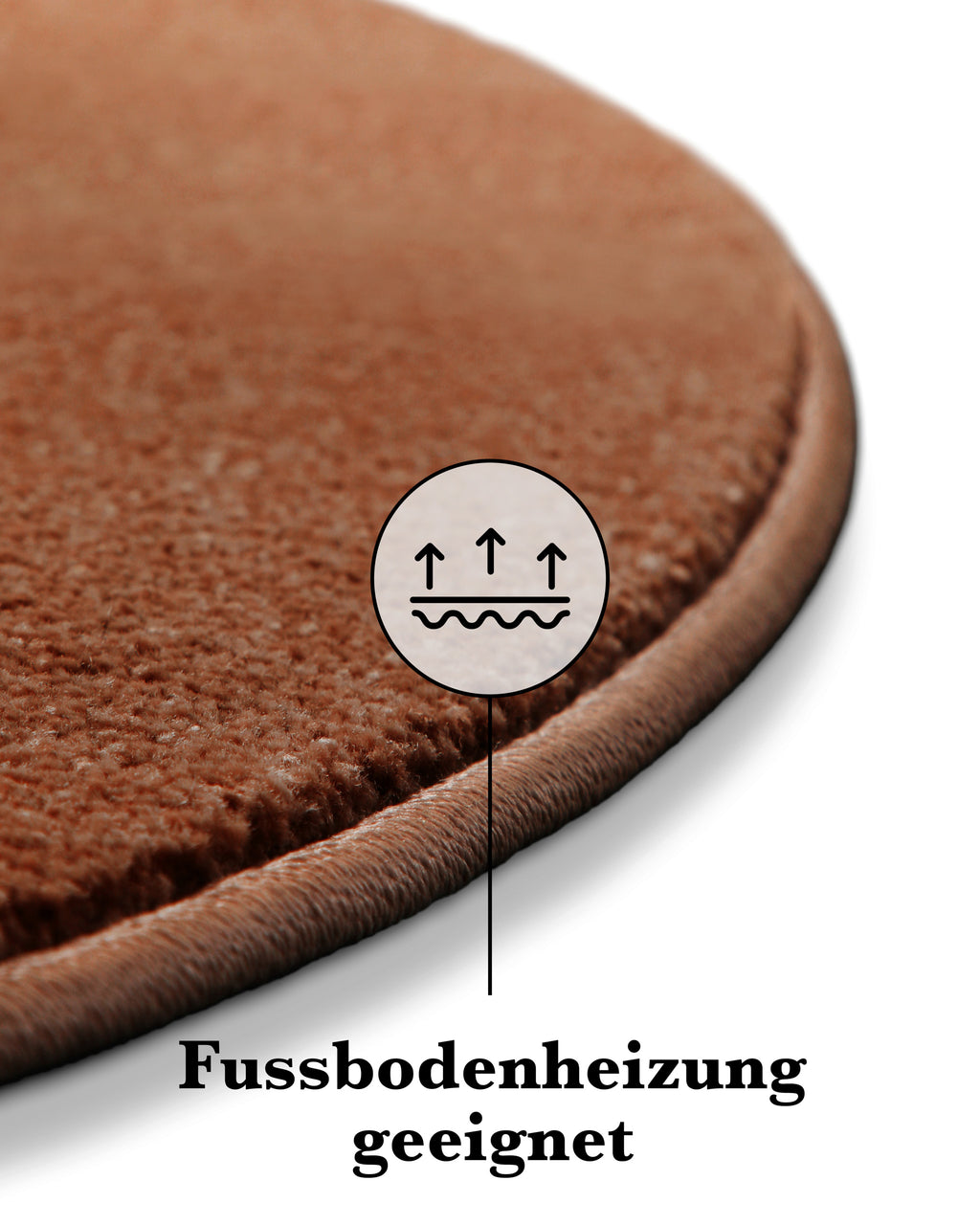 Kurzflor Teppich Freja Ziegel Rot rund Detailaufnahme der Kante mit Symbol für Fußbodenheizung geeignet