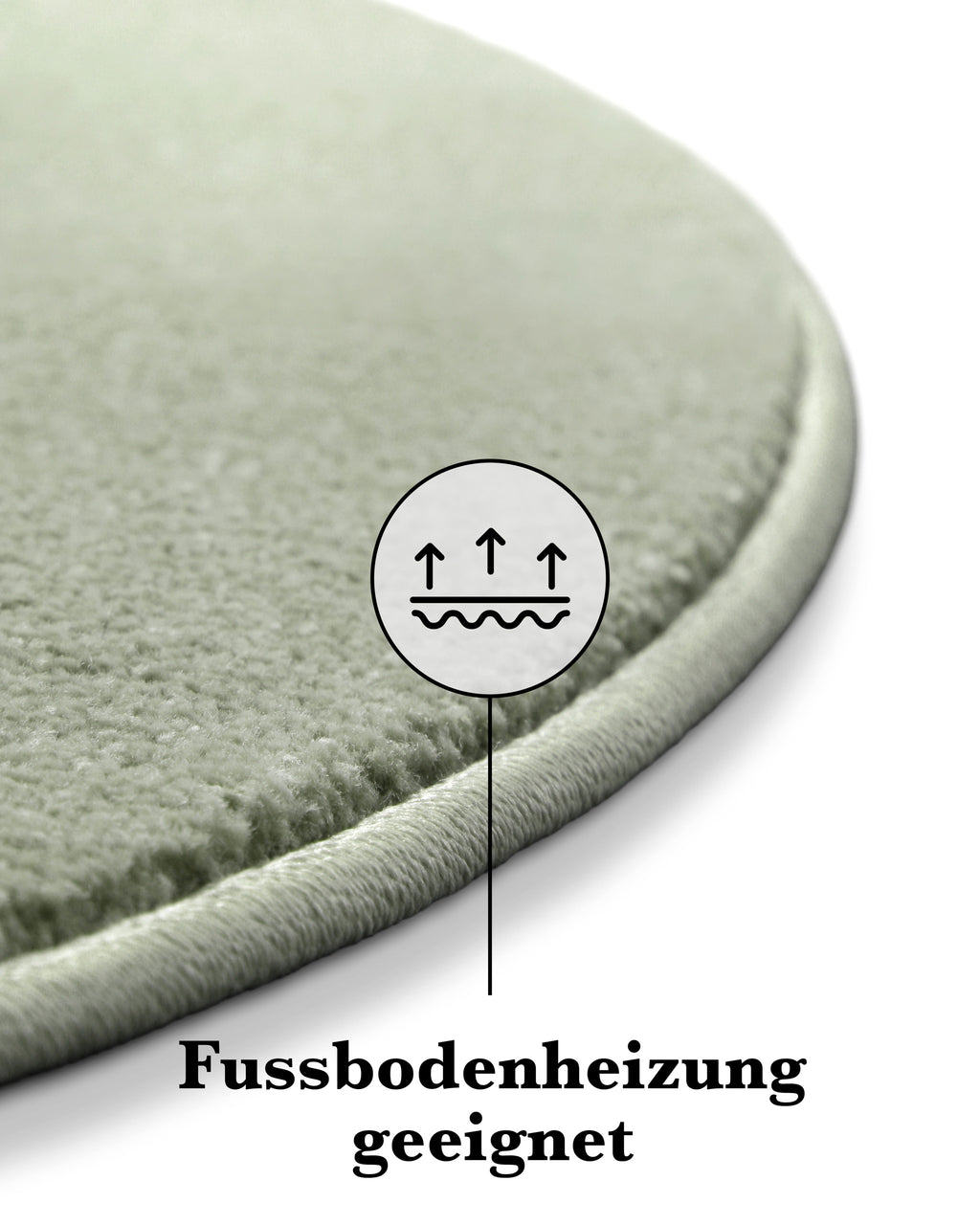 Kurzflor Teppich Freja Licht Grün rund Detailaufnahme der Kante mit Symbol für Fußbodenheizung geeignet