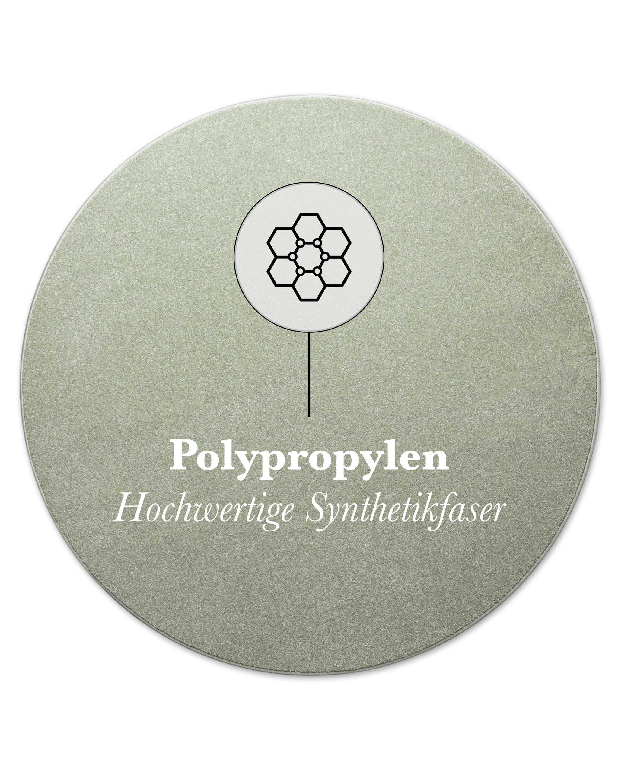 Kurzflor Teppich Freja Licht Grün rund mit Materialhinweis Polypropylen, strapazierfähig und pflegeleicht