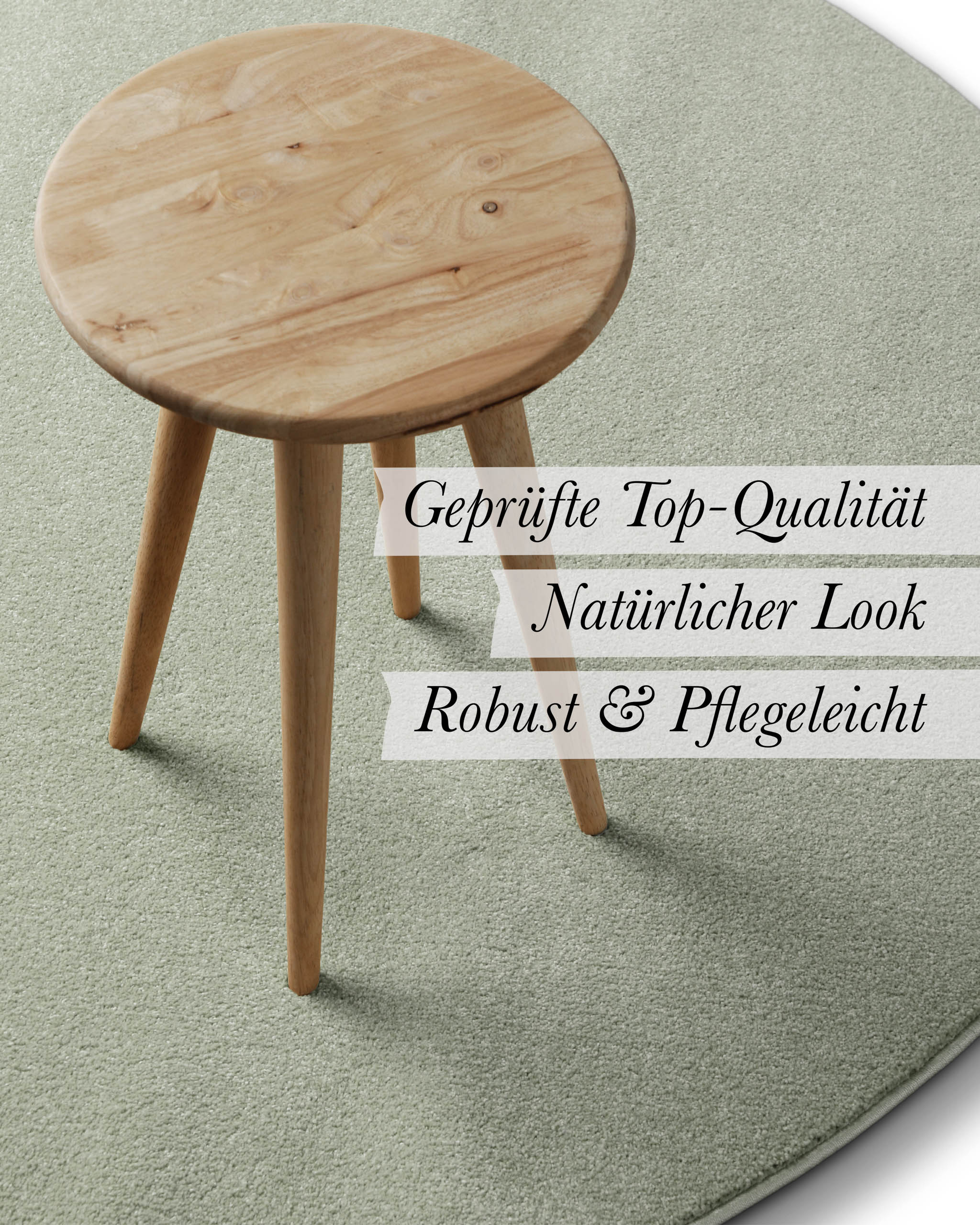 Kurzflor Teppich Freja Licht Grün rund im Wohnraum mit Eigenschaften wie geprüfte Qualität und natürlicher Look
