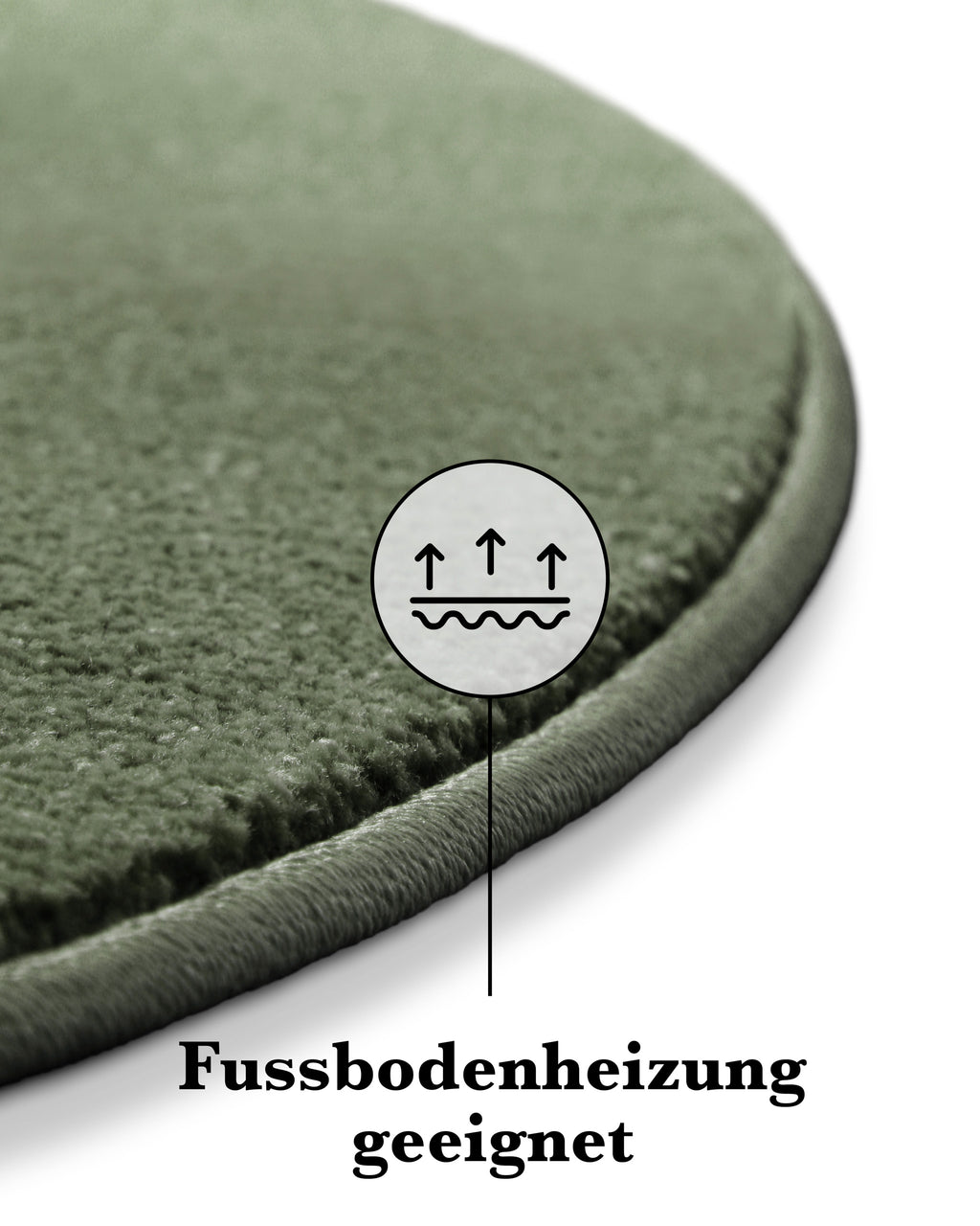 Kurzflor Teppich Freja Laub Grün rund Detailaufnahme der Kante mit Symbol für Fußbodenheizung geeignet