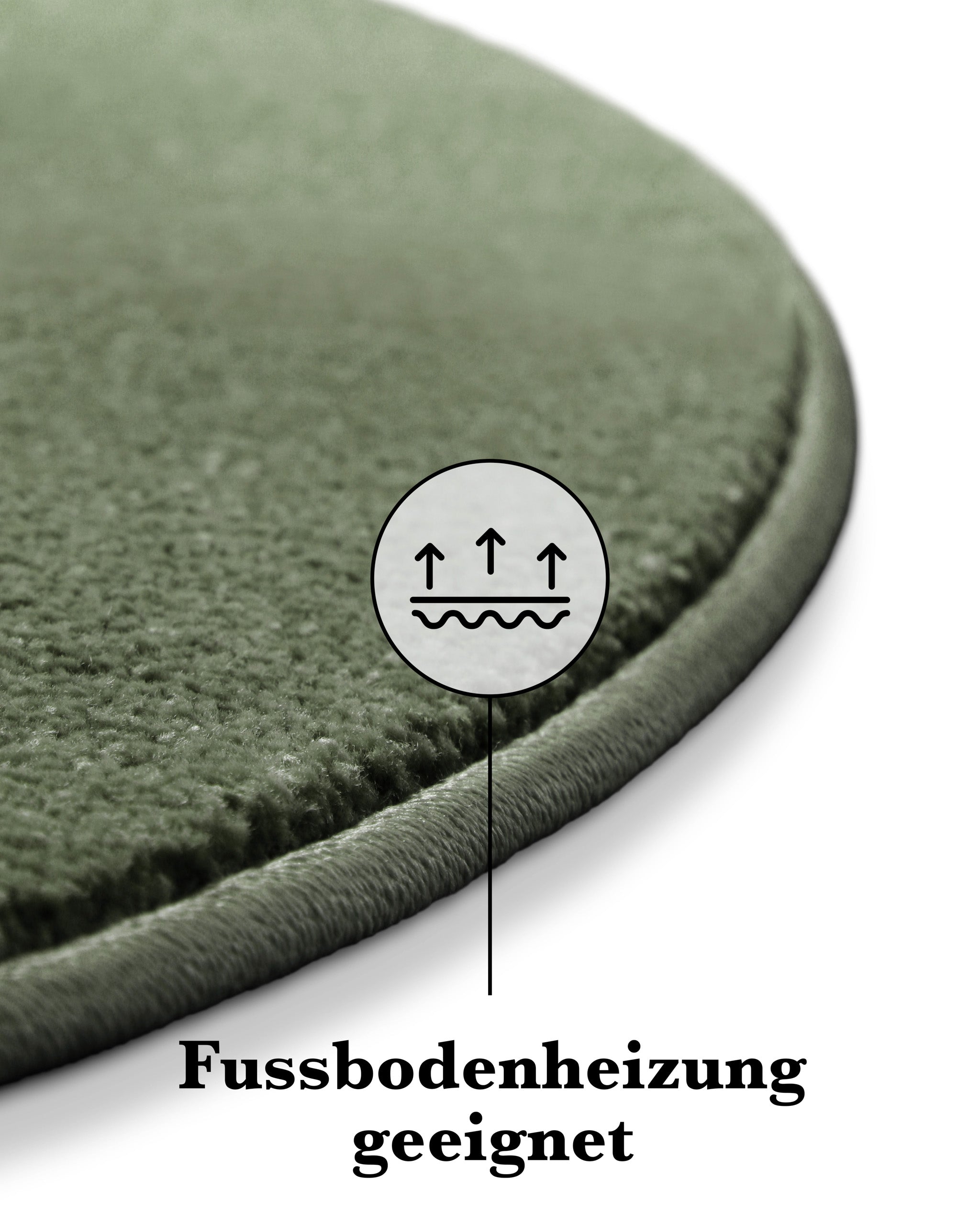 Kurzflor Teppich Freja Laub Grün rund Detailaufnahme der Kante mit Symbol für Fußbodenheizung geeignet