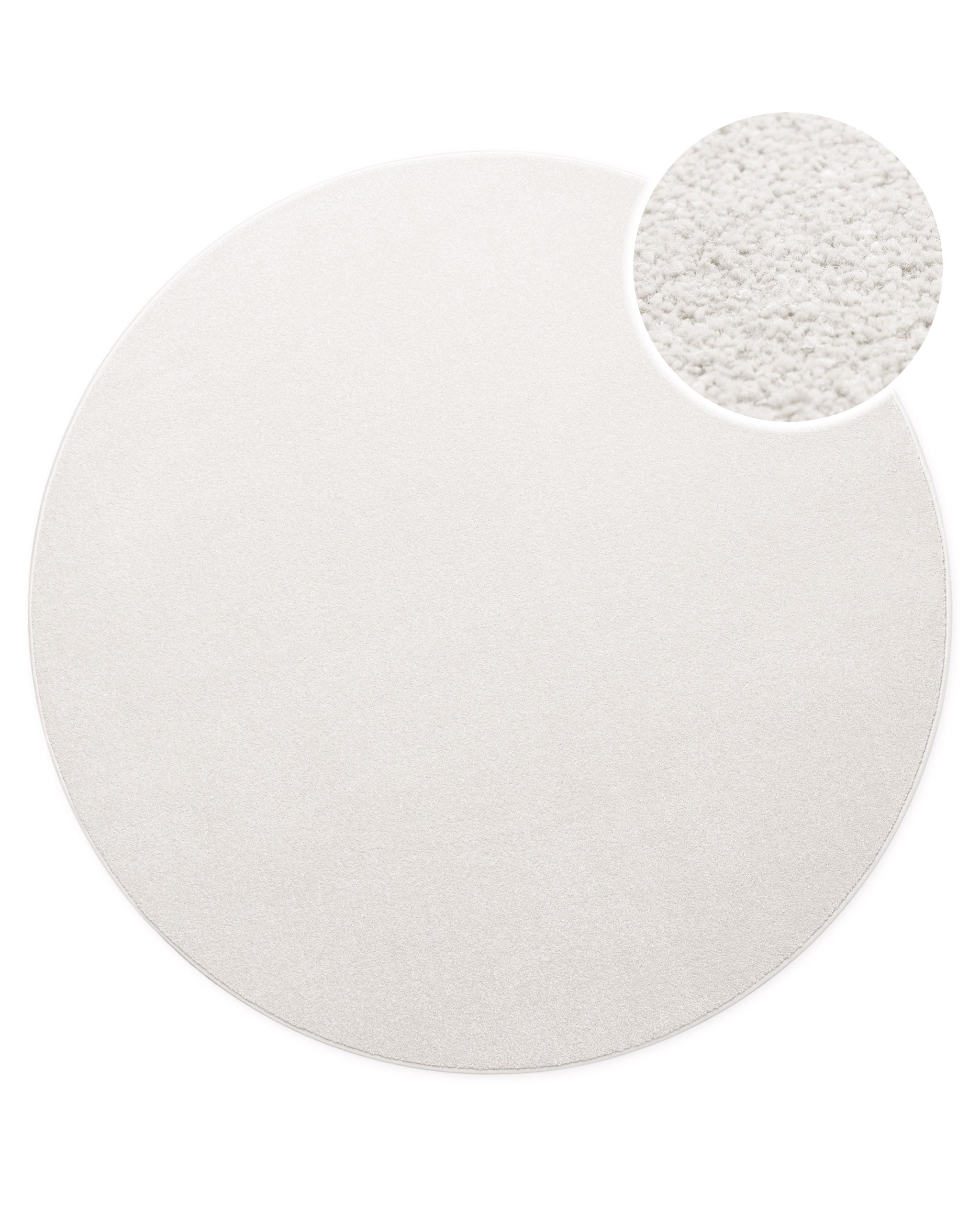 Kurzflor Teppich Freja Creme Weiß rund, Draufsicht mit Detailausschnitt der feinen, gleichmäßigen Oberfläche