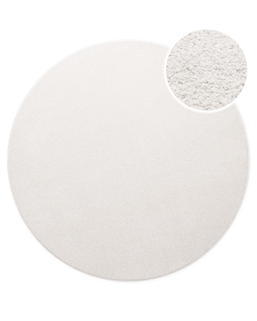 Kurzflor Teppich Freja Creme Weiß rund, Draufsicht mit Detailausschnitt der feinen, gleichmäßigen Oberfläche