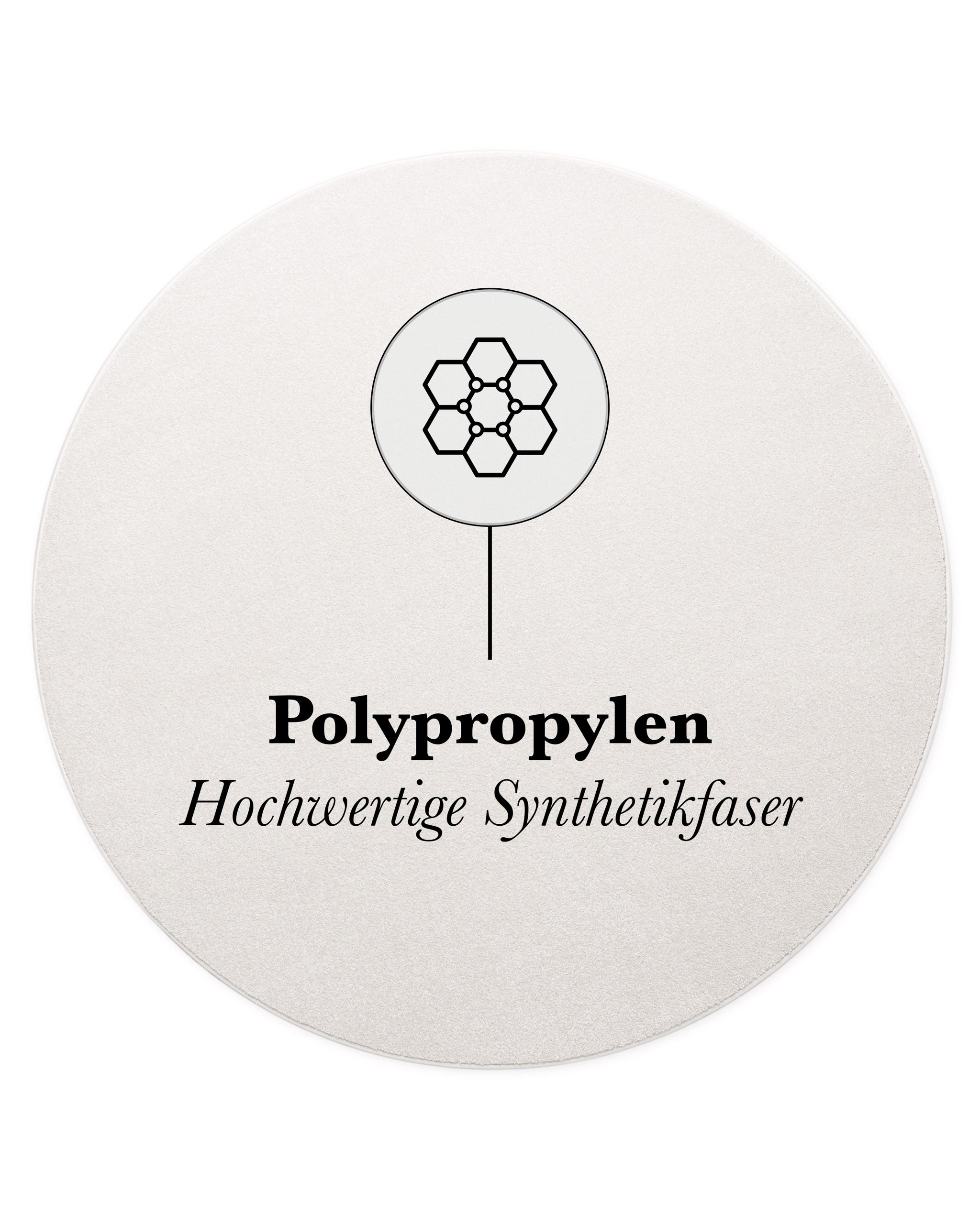 Kurzflor Teppich Freja Creme Weiß rund mit Materialhinweis Polypropylen, strapazierfähig und pflegeleicht