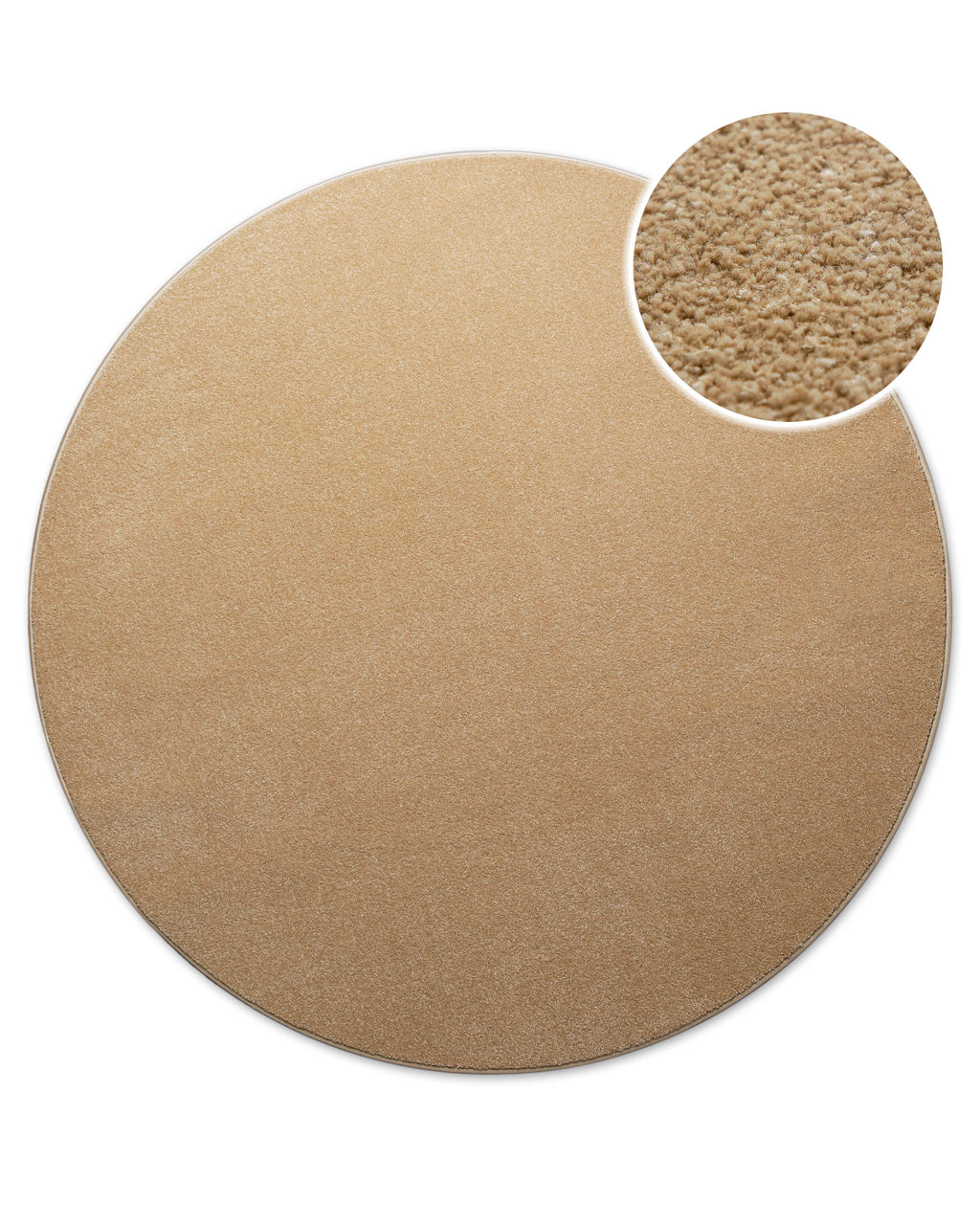 Runder Kurzflor Teppich Freja in Sand Beige, Gesamtansicht von oben mit kleinem Detail der Oberflächenstruktur