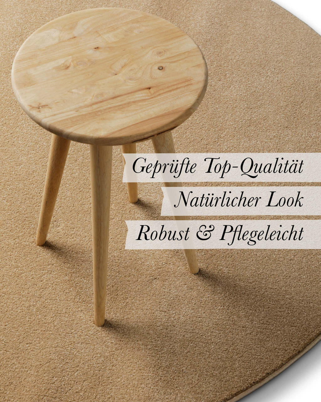 Wohnbild mit eingeblendeten Produkteigenschaften wie geprüfte Qualität und natürlicher Look