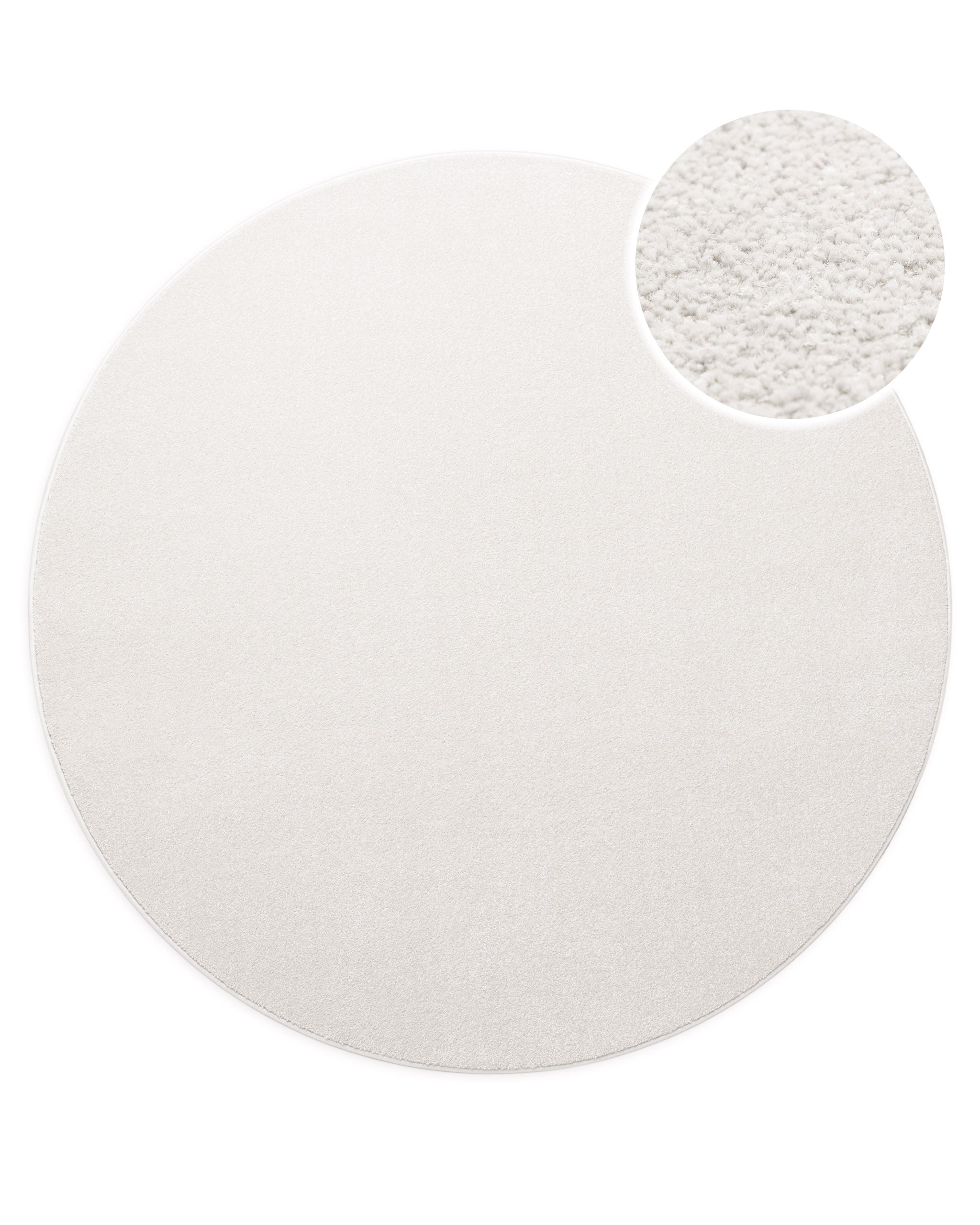 Kurzflor Teppich Montepulciano Creme Weiß rund, Draufsicht mit Detail der feinen Florstruktur