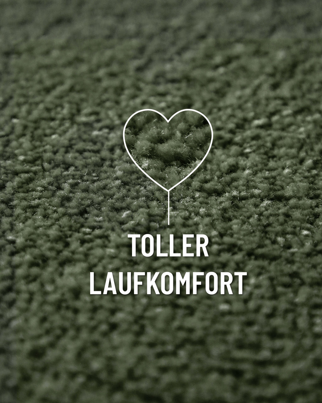 Kurzflor Teppich Vegas Grün rund Nahaufnahme mit Einblendung zum Laufgefühl, dichte Struktur des Flors