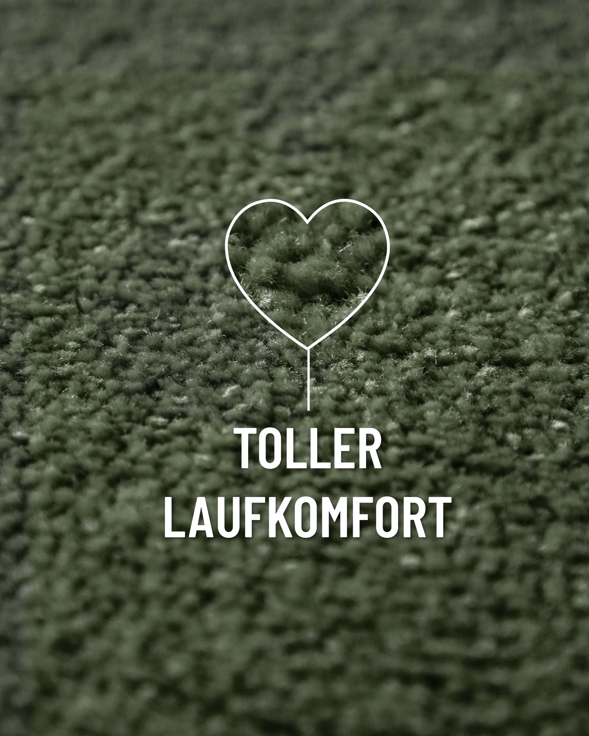 Kurzflor Teppich Vegas Grün rund Nahaufnahme mit Einblendung zum Laufgefühl, dichte Struktur des Flors
