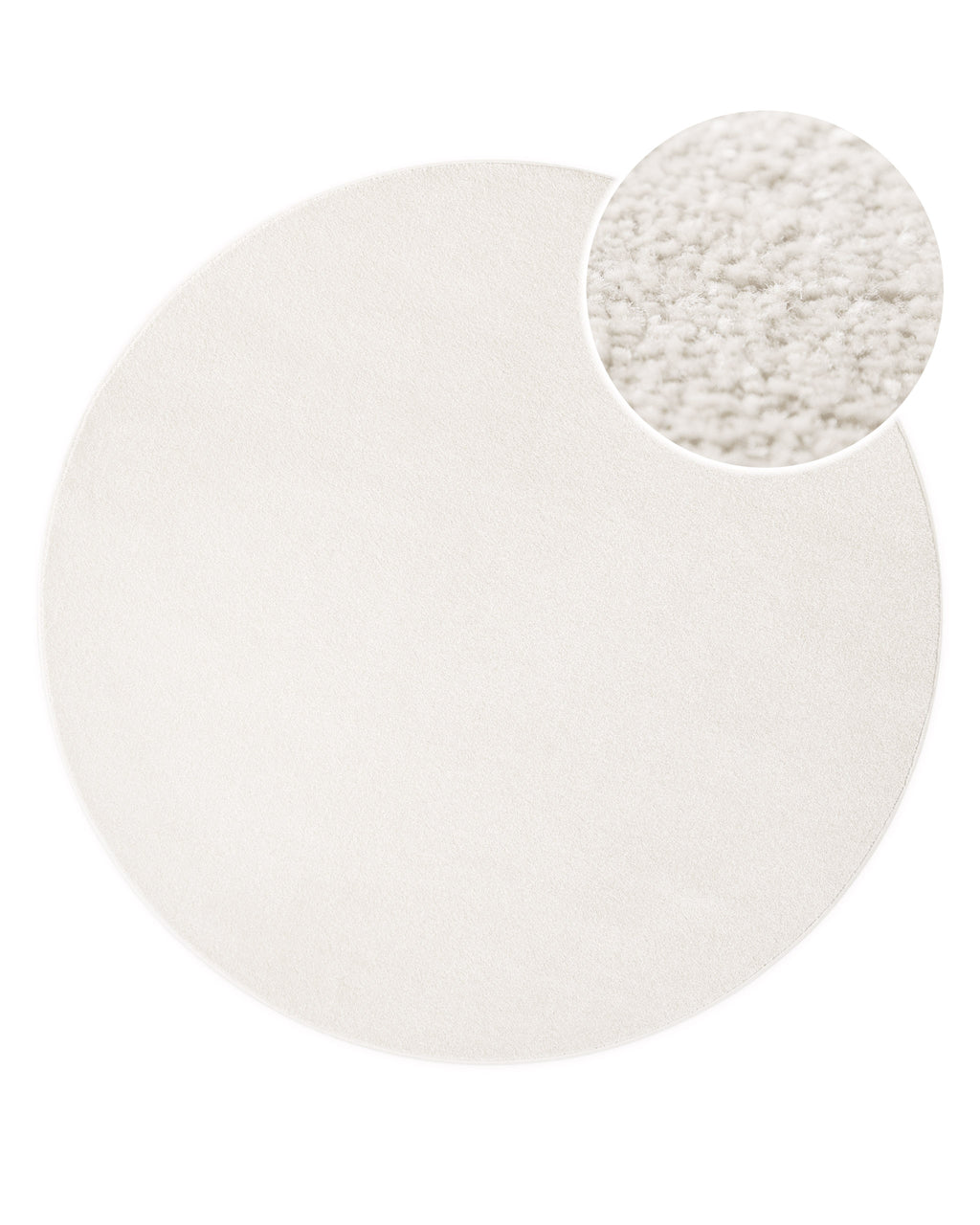 Kurzflor Teppich Vegas Creme rund, Draufsicht mit Detailausschnitt der feinen Florstruktur auf hellem Hintergrund