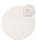Kurzflor Teppich Vegas Creme rund, Draufsicht mit Detailausschnitt der feinen Florstruktur auf hellem Hintergrund