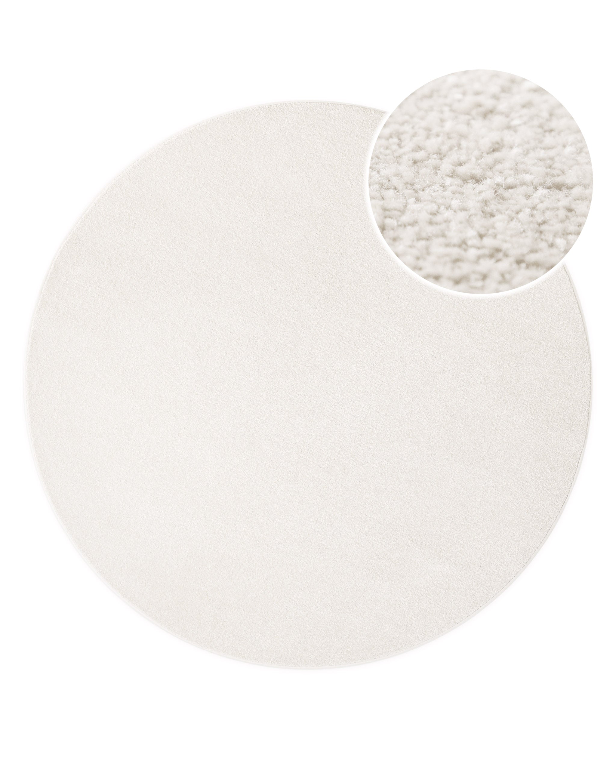 Kurzflor Teppich Vegas Creme rund, Draufsicht mit Detailausschnitt der feinen Florstruktur auf hellem Hintergrund