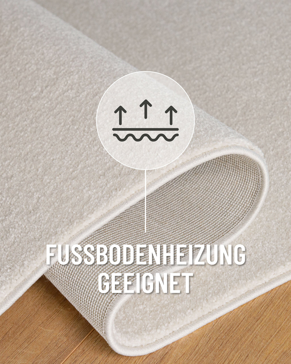 Kurzflor Teppich Vegas Creme rund Detail mit umgeschlagener Ecke und Symbol für Fußbodenheizung