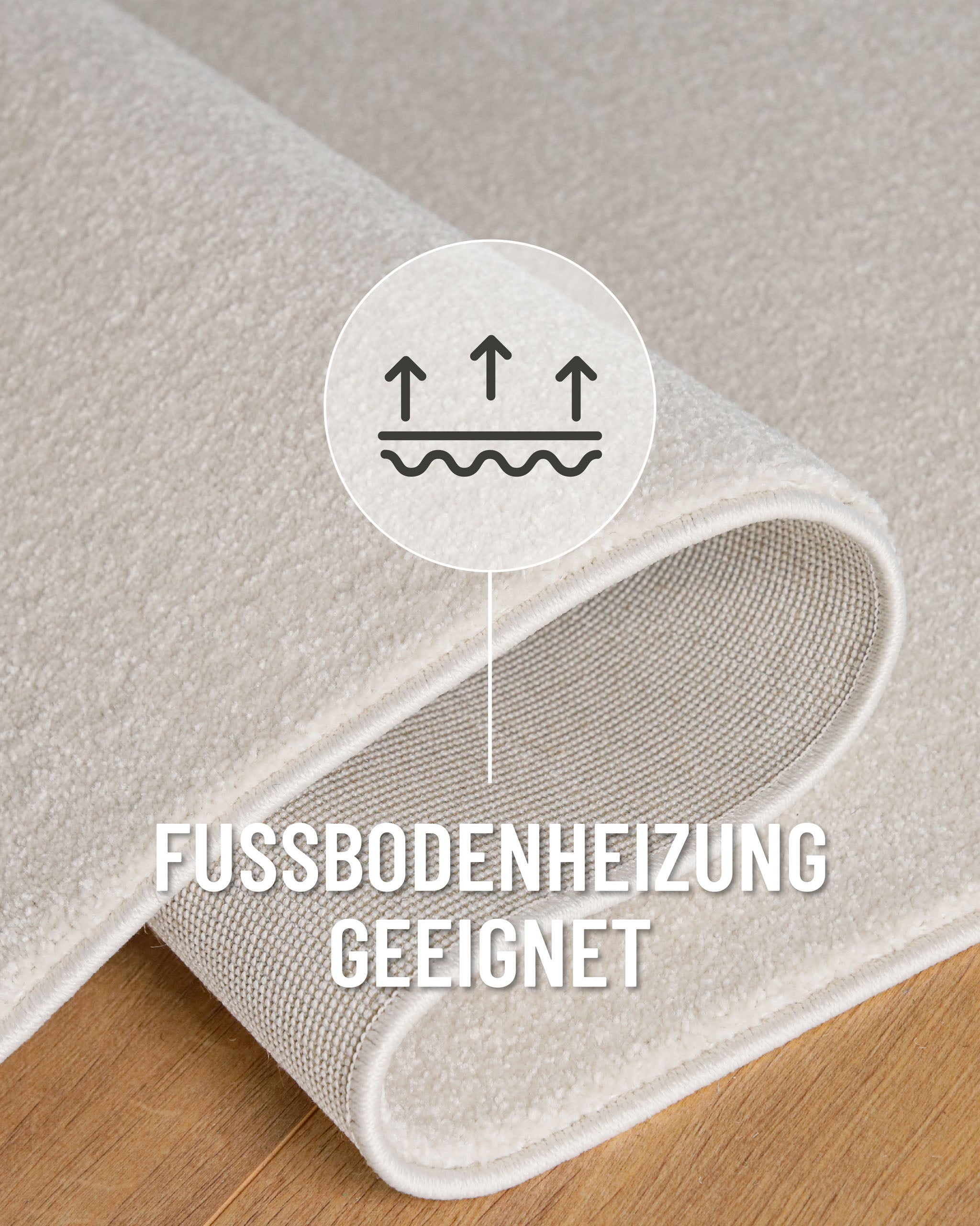 Kurzflor Teppich Vegas Creme rund Detail mit umgeschlagener Ecke und Symbol für Fußbodenheizung