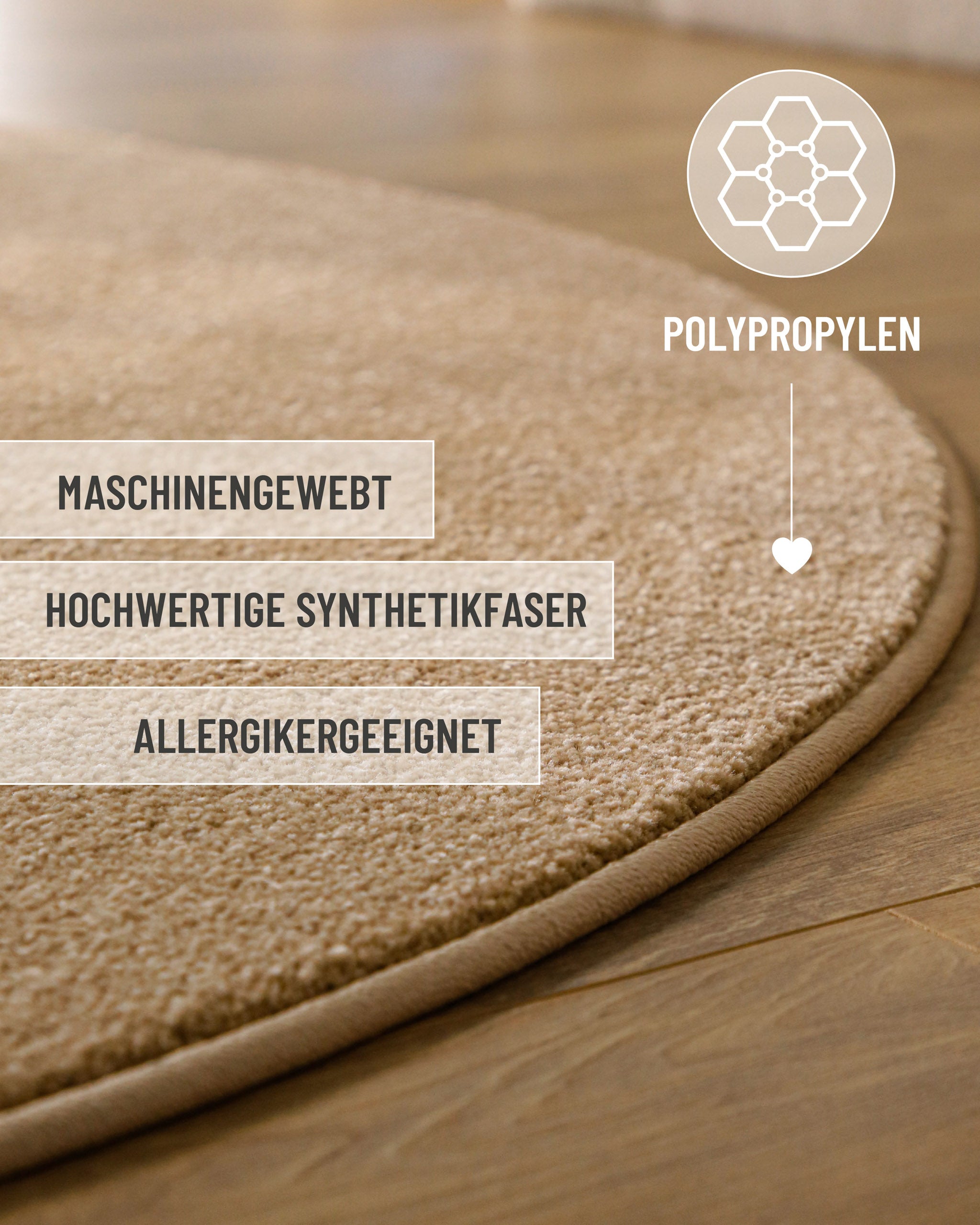 Kurzflor Teppich Vegas Beige rund mit Materialinfos zu Polypropylen und strapazierfähiger Verarbeitung