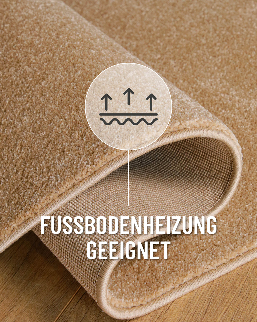 Kurzflor Teppich Vegas Beige rund Detail mit Hinweis auf Fußbodenheizung geeignet