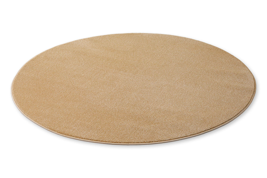 Kurzflor Teppich Vegas Beige rund flach ausgelegt in gleichmäßiger runder Form auf hellem Hintergrund