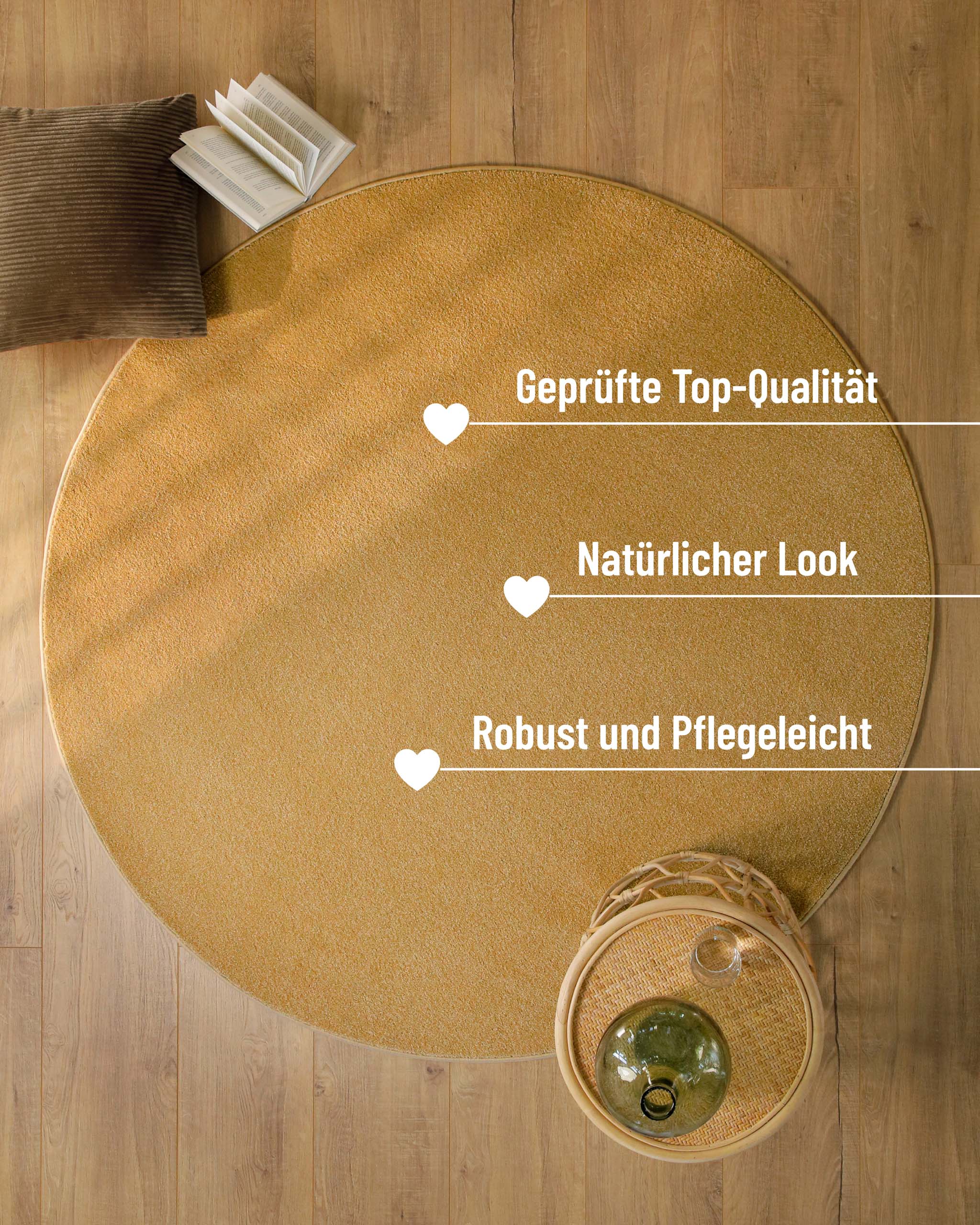 Kurzflor Teppich Vegas Ocker Gelb rund im Raum mit hervorgehobenen Eigenschaften wie robust und pflegeleicht