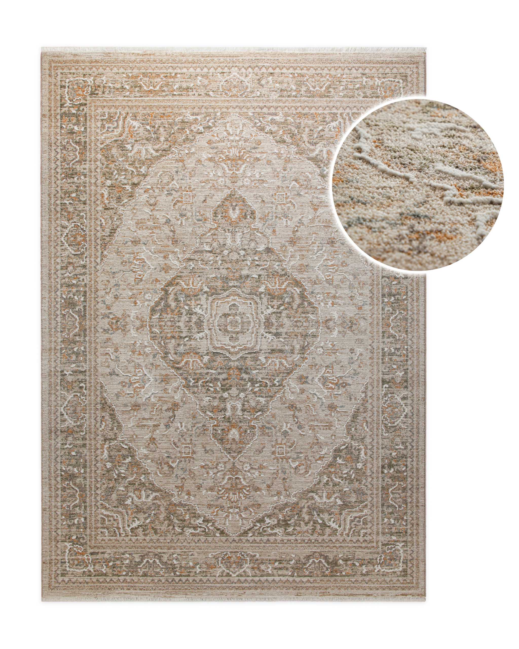 Esprit Kurzflor Teppich Soft Vintage in Sand Beige mit klassischem Vintage Muster, Detailansicht mit vergrößertem Musterausschnitt
