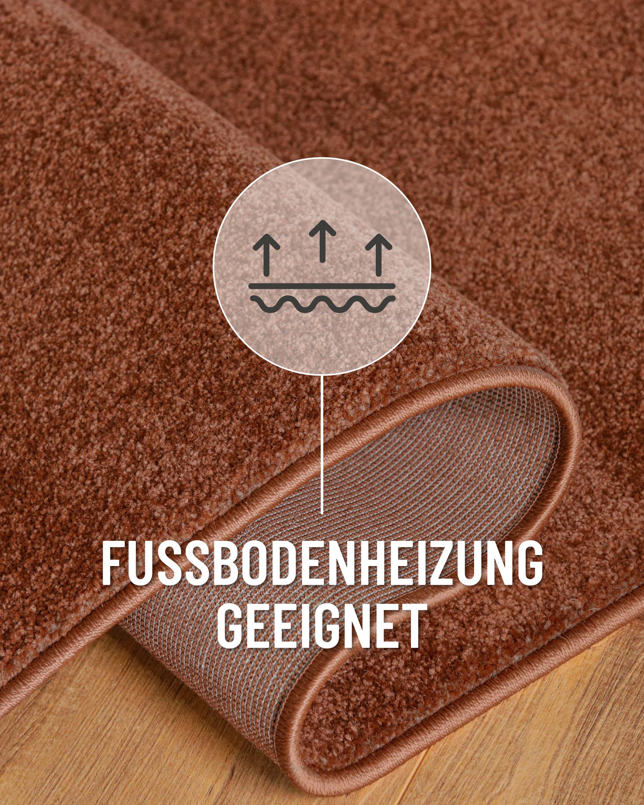 Kurzflor Teppich Vegas Rot Detail mit umgeschlagener Ecke und Symbol für Fußbodenheizung, Rückseite sichtbar
