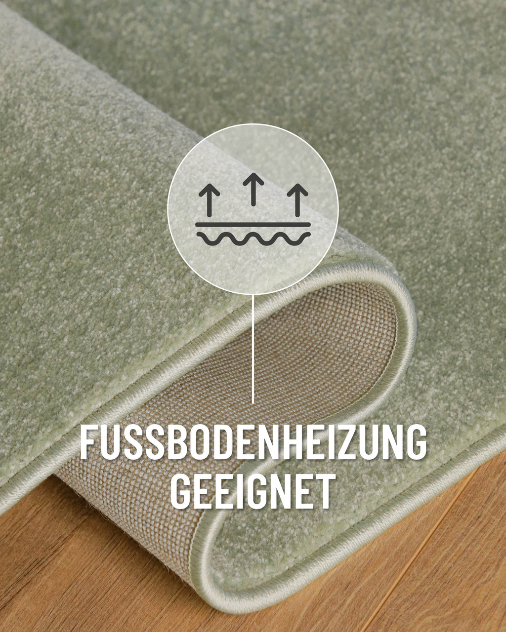 Kurzflor Teppich Vegas Hellgrün Detail mit umgeschlagener Ecke und Symbol für Fußbodenheizung, Rückseite sichtbar
