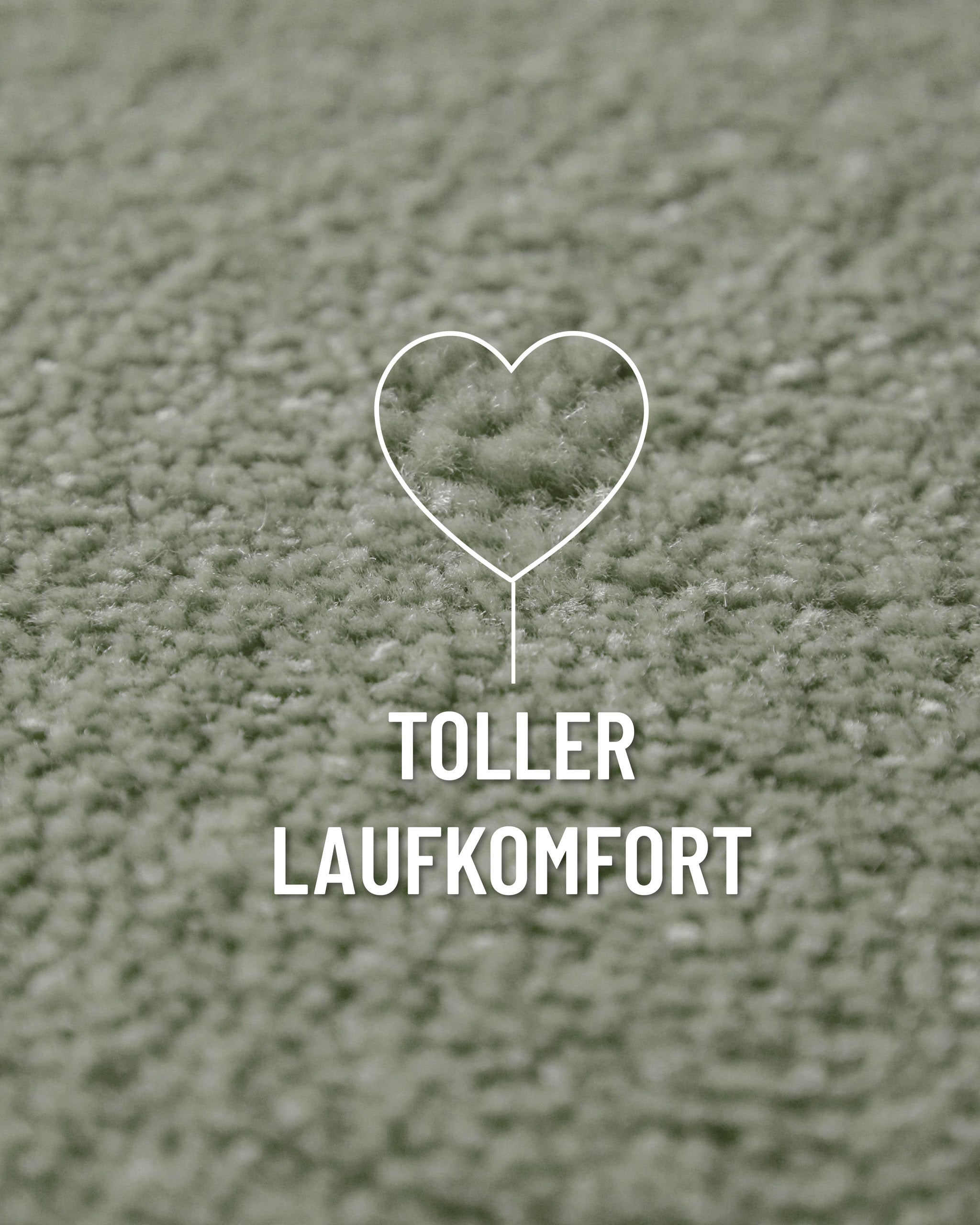 Kurzflor Teppich Vegas Hellgrün Nahaufnahme mit Einblendung zum Laufgefühl, gleichmäßige Florstruktur