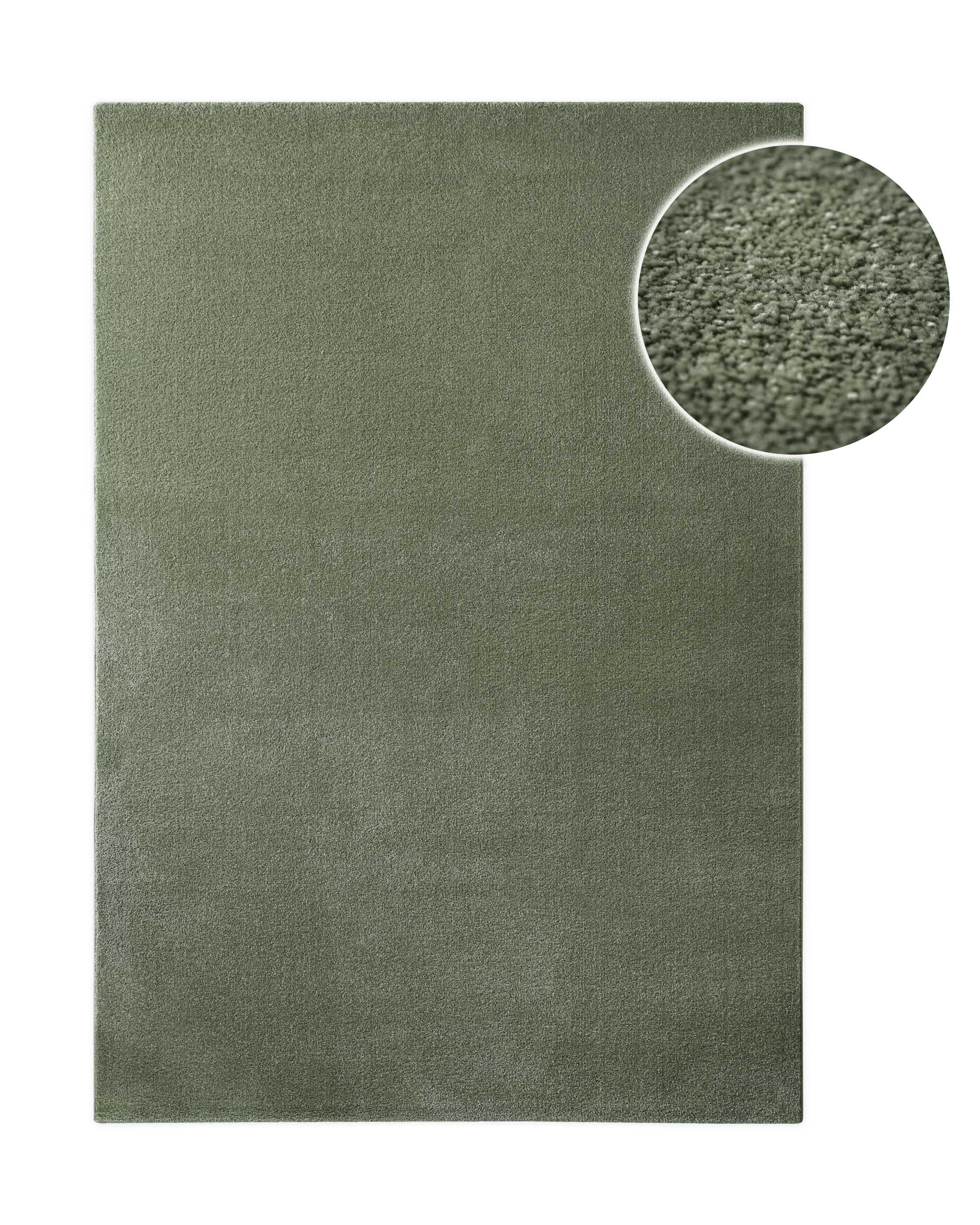 Kurzflor Teppich Vegas Grün rechteckig, Draufsicht mit Detailausschnitt der gleichmäßigen Florstruktur auf hellem Hintergrund