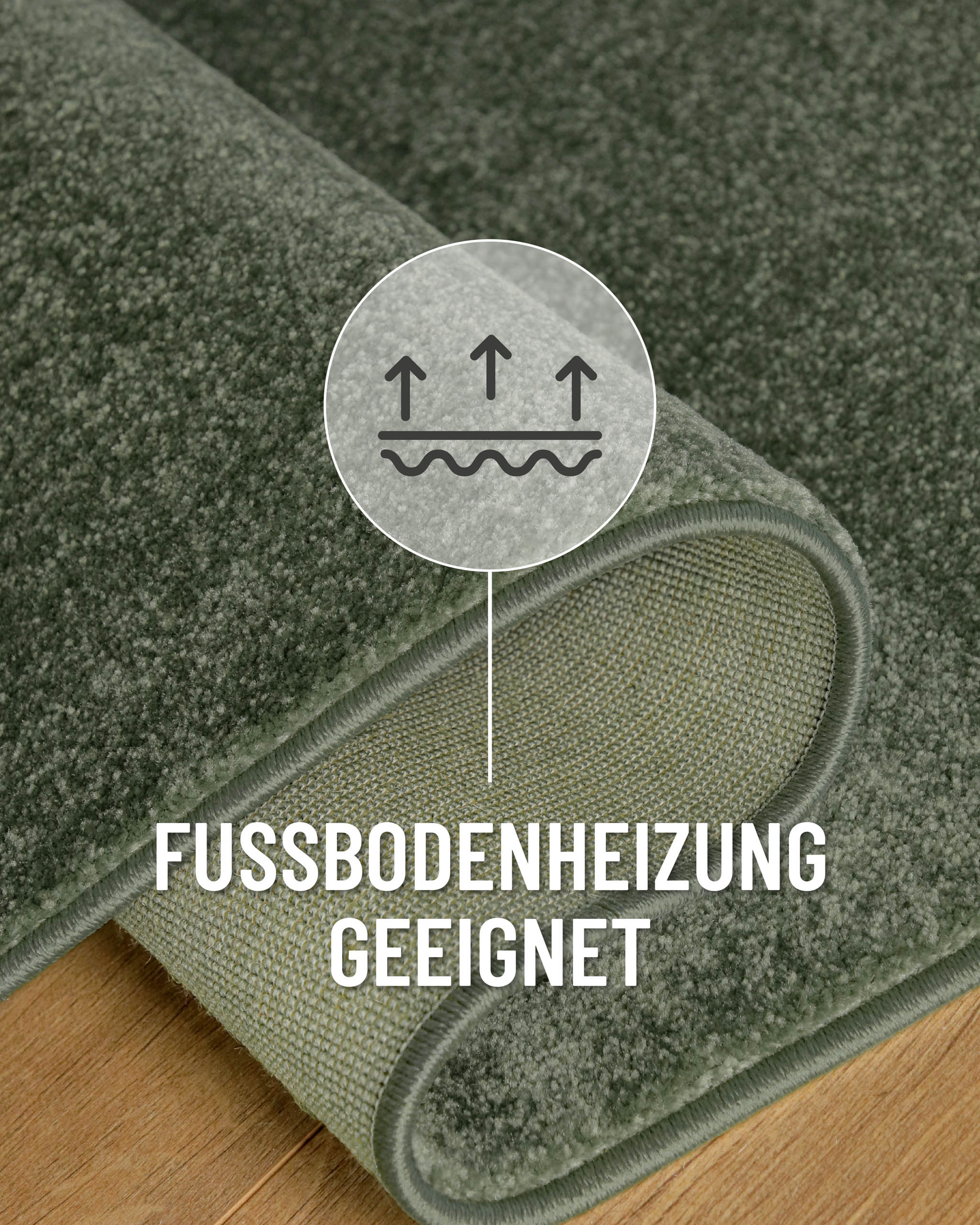 Kurzflor Teppich Vegas Grün Detail mit umgeschlagener Ecke, Symbol zeigt Eignung für Fußbodenheizung