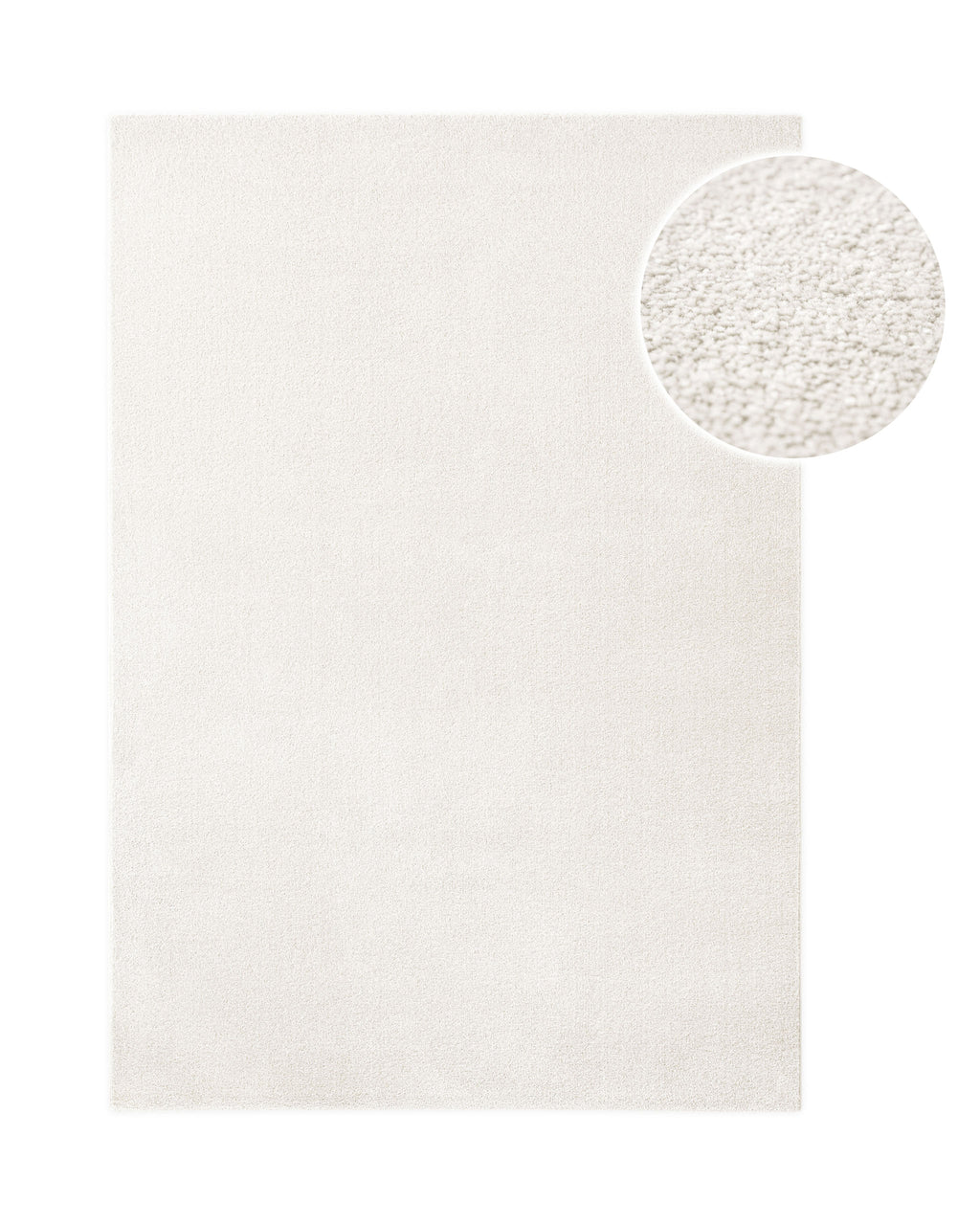 Kurzflor Teppich Vegas Creme rechteckig, Draufsicht mit Detailausschnitt der feinen Florstruktur auf hellem Hintergrund
