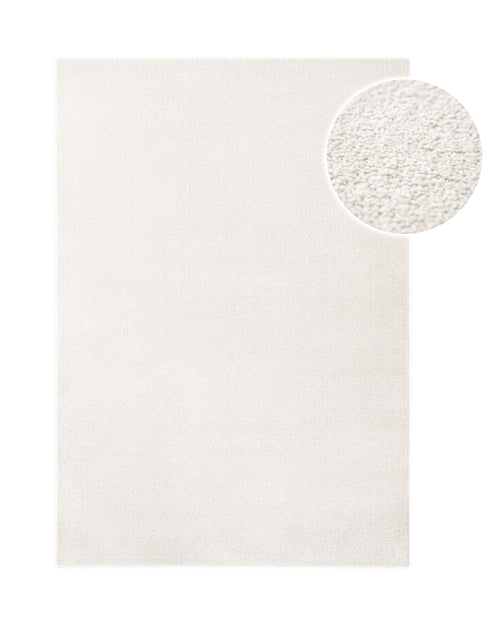 Kurzflor Teppich Vegas Creme rechteckig, Draufsicht mit Detailausschnitt der feinen Florstruktur auf hellem Hintergrund