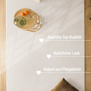 {"class" => "product-thumbnails__image", "alt" => "Kurzflor Teppich Vegas Creme im Raum mit Einblendung zu Eigenschaften, Fläche unter Licht und Möbeln"}