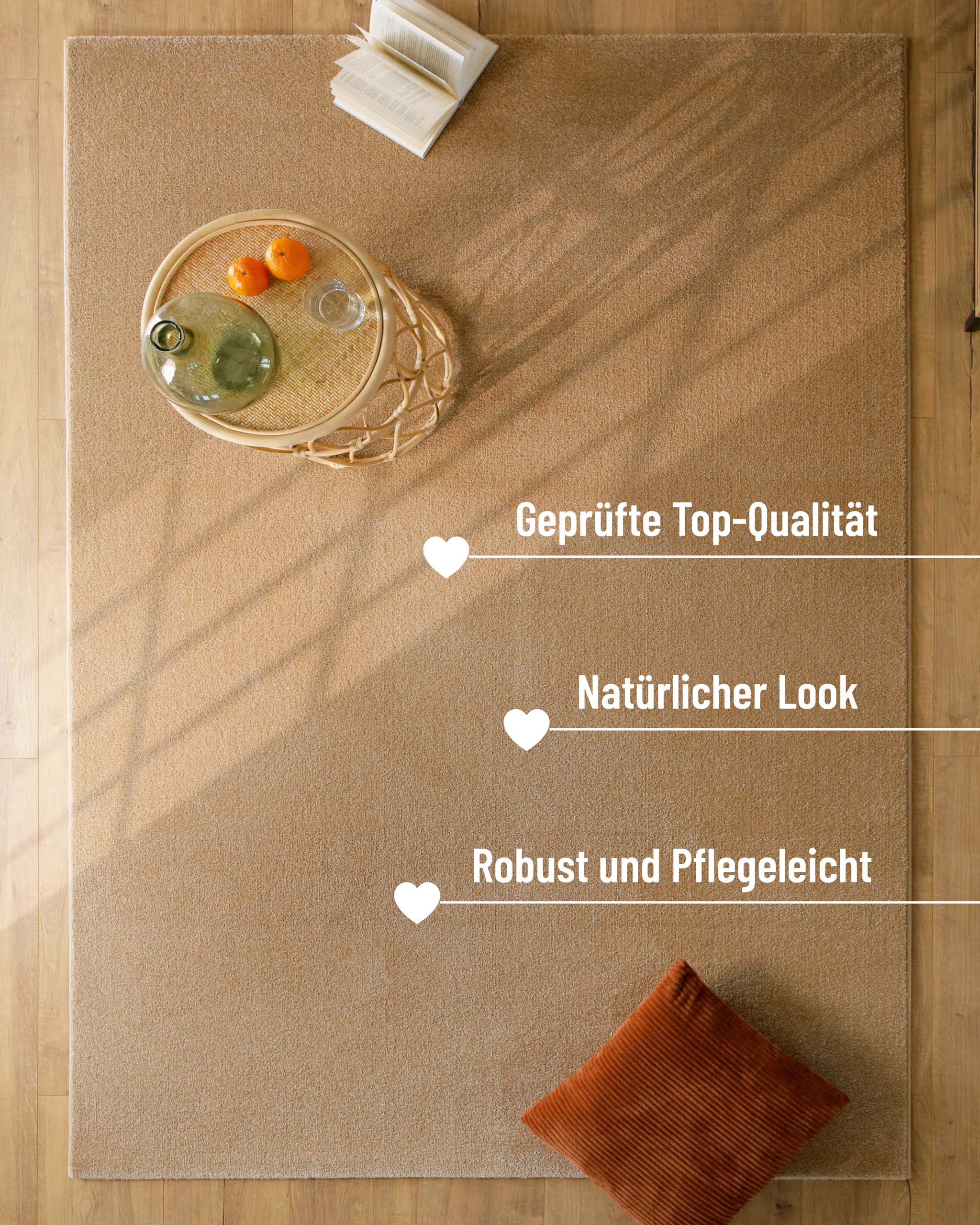 Kurzflor Teppich Vegas Beige im Raum mit Eigenschaften wie robust und pflegeleicht hervorgehoben