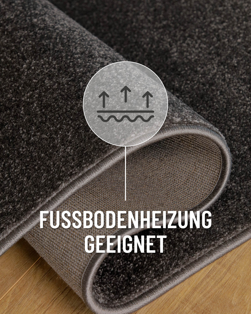 Kurzflor Teppich Vegas Anthrazit Detail mit Hinweis auf Fußbodenheizung geeignet