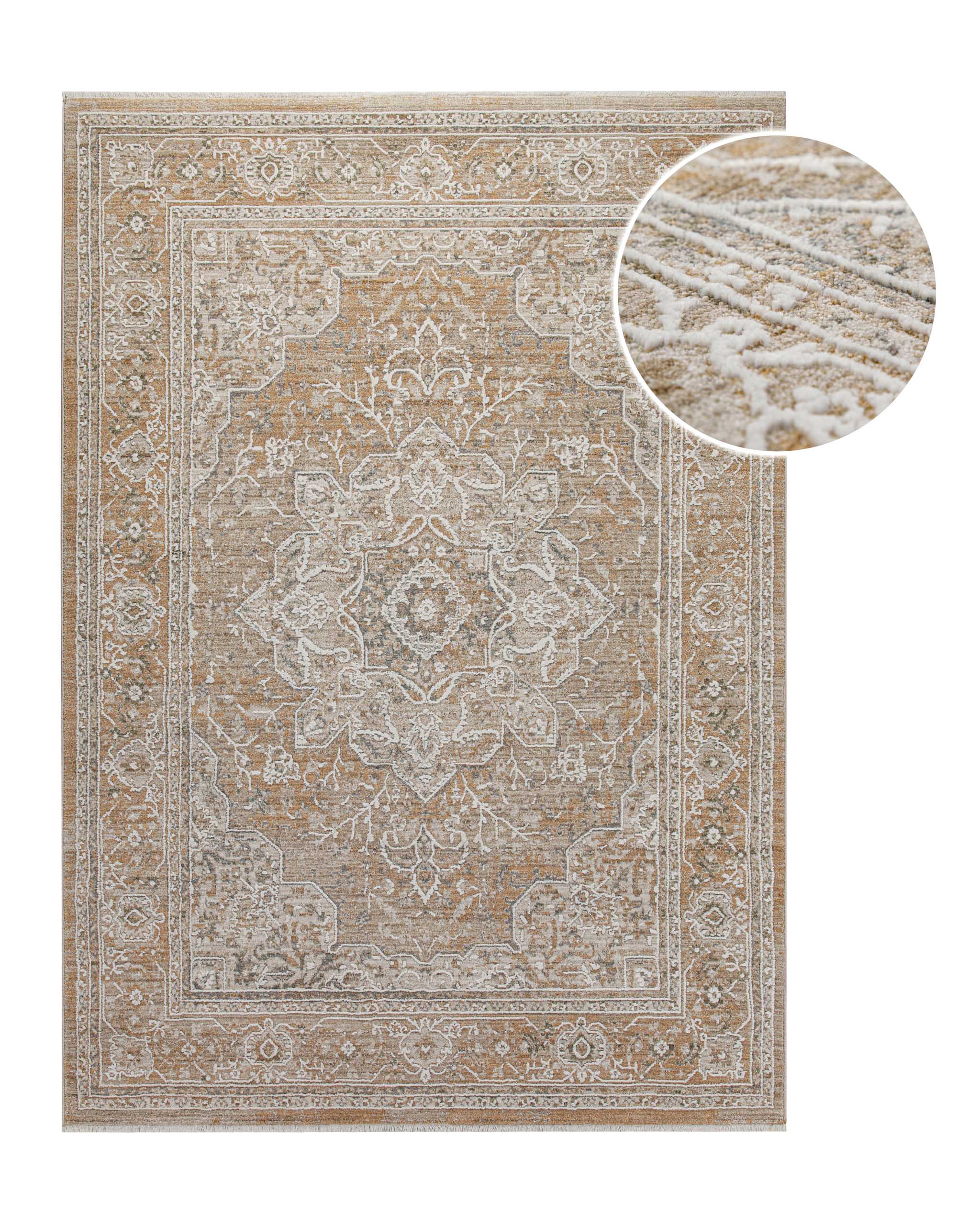 Esprit Kurzflor Teppich Vintage Soul in Braun Beige mit klassischem Vintage Muster, Detailansicht mit vergrößertem Musterausschnitt