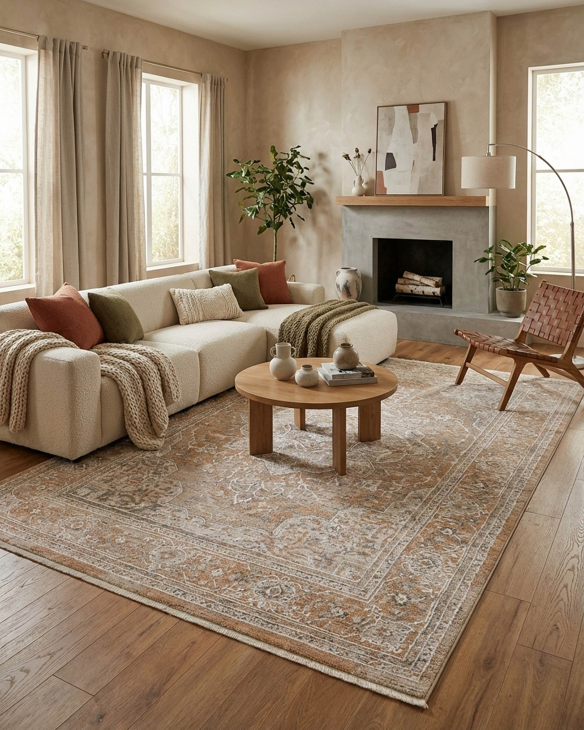 Esprit Kurzflor Teppich Vintage Soul in Braun Beige mit klassischem Vintage Muster im Wohnzimmer vor Sofa und Couchtisch