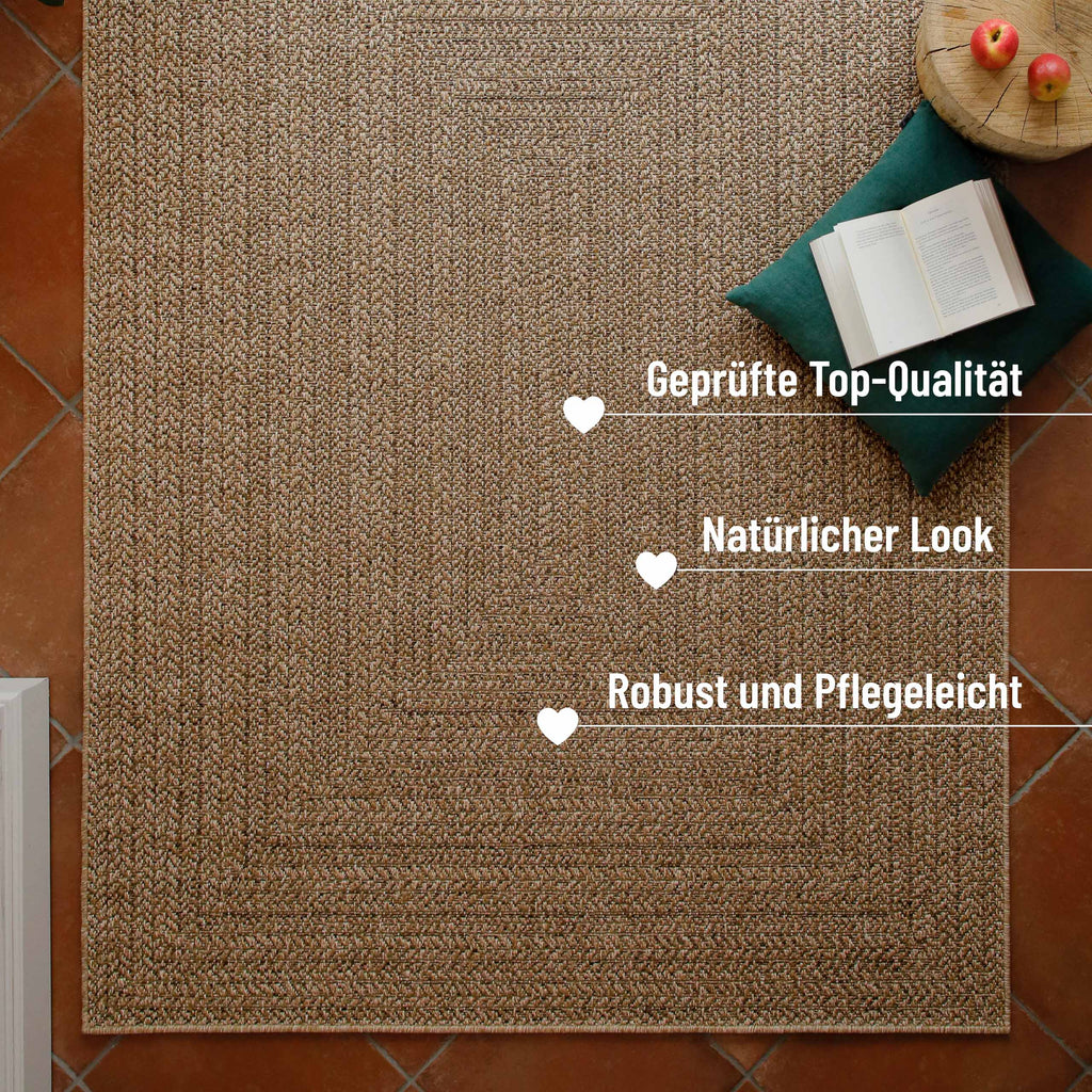 In-& Outdoor Teppich Layo natur rechteckig Perspektive im Raum mit Info robust & pflegeleicht