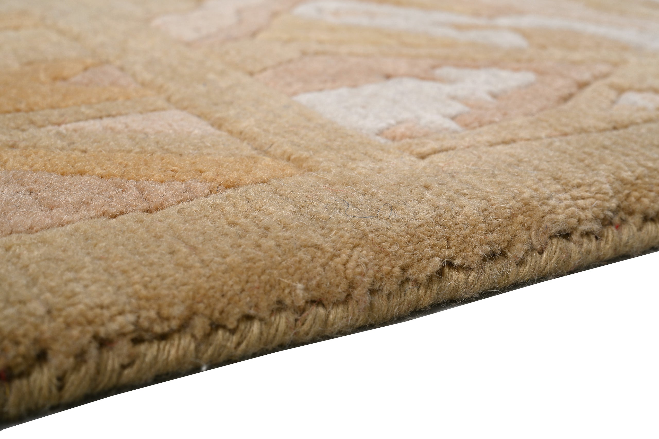 Handgeknüpfter Tibeter Teppich in gold gelb mit Retro Bordüre – Neuwertig