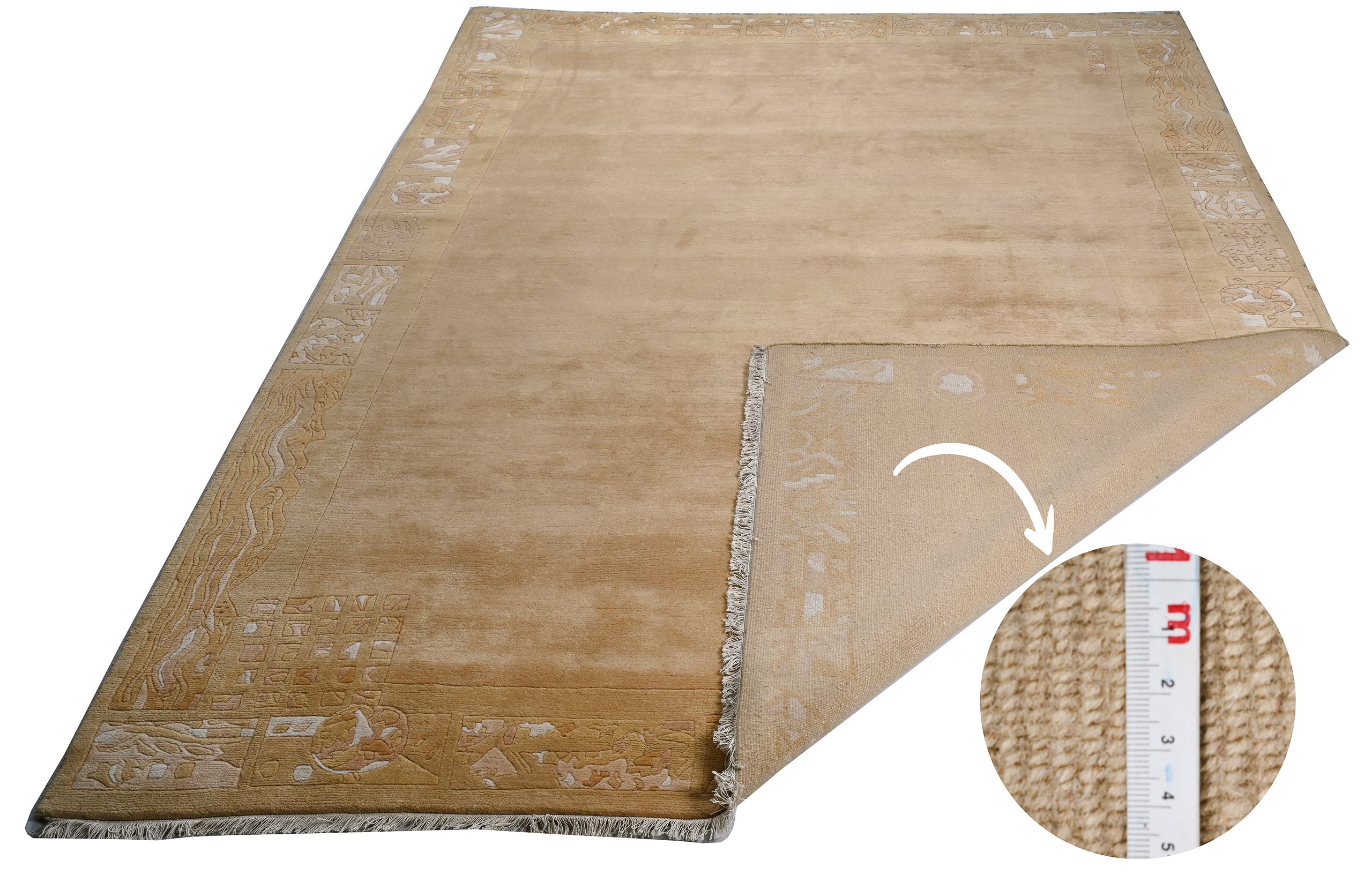 Handgeknüpfter Tibeter Teppich in gold gelb mit Retro Bordüre – Neuwertig