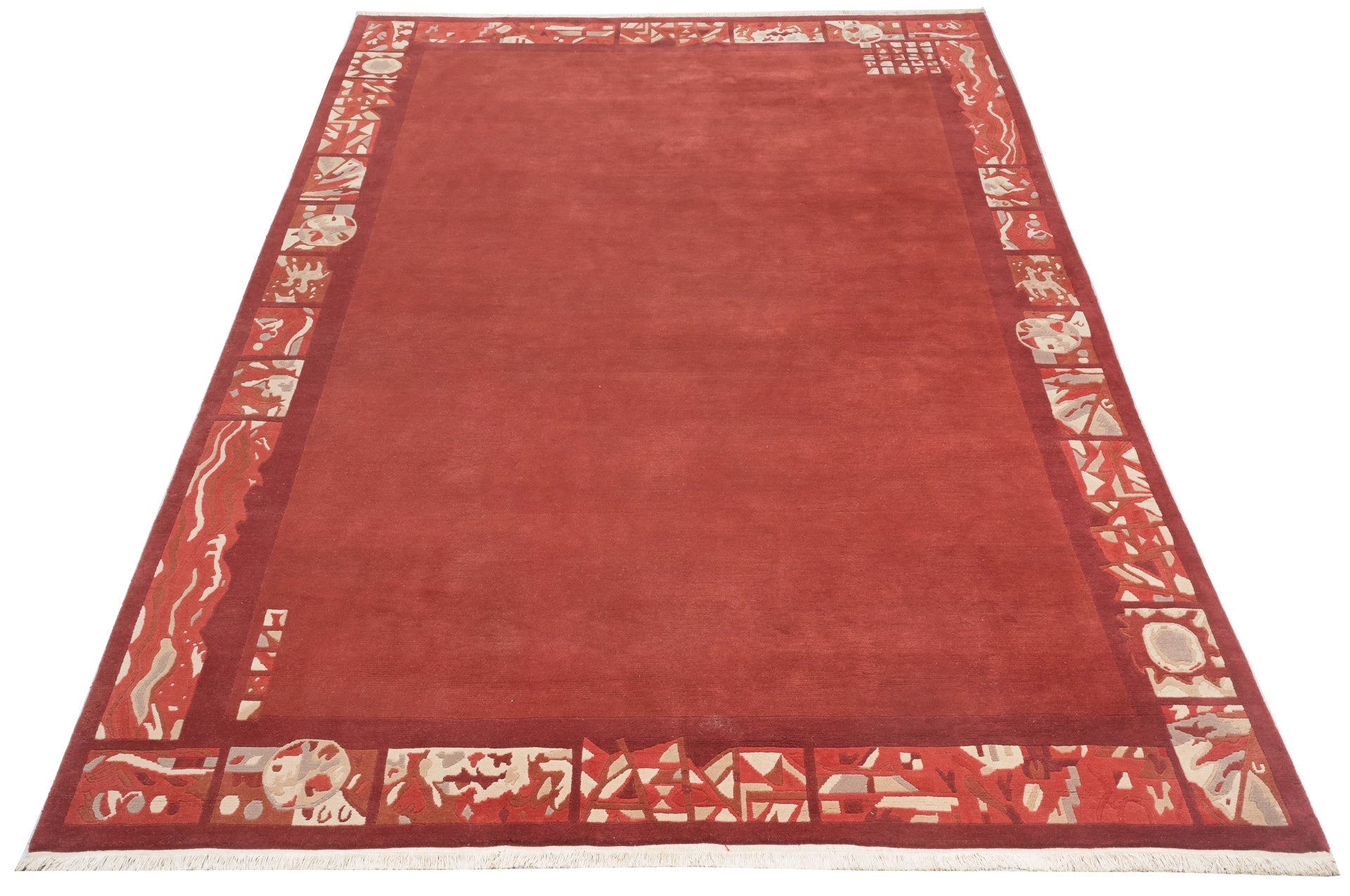 Handgeknüpfter tibetischer Teppich in rot mit Retro Bordüre – Neuwertig