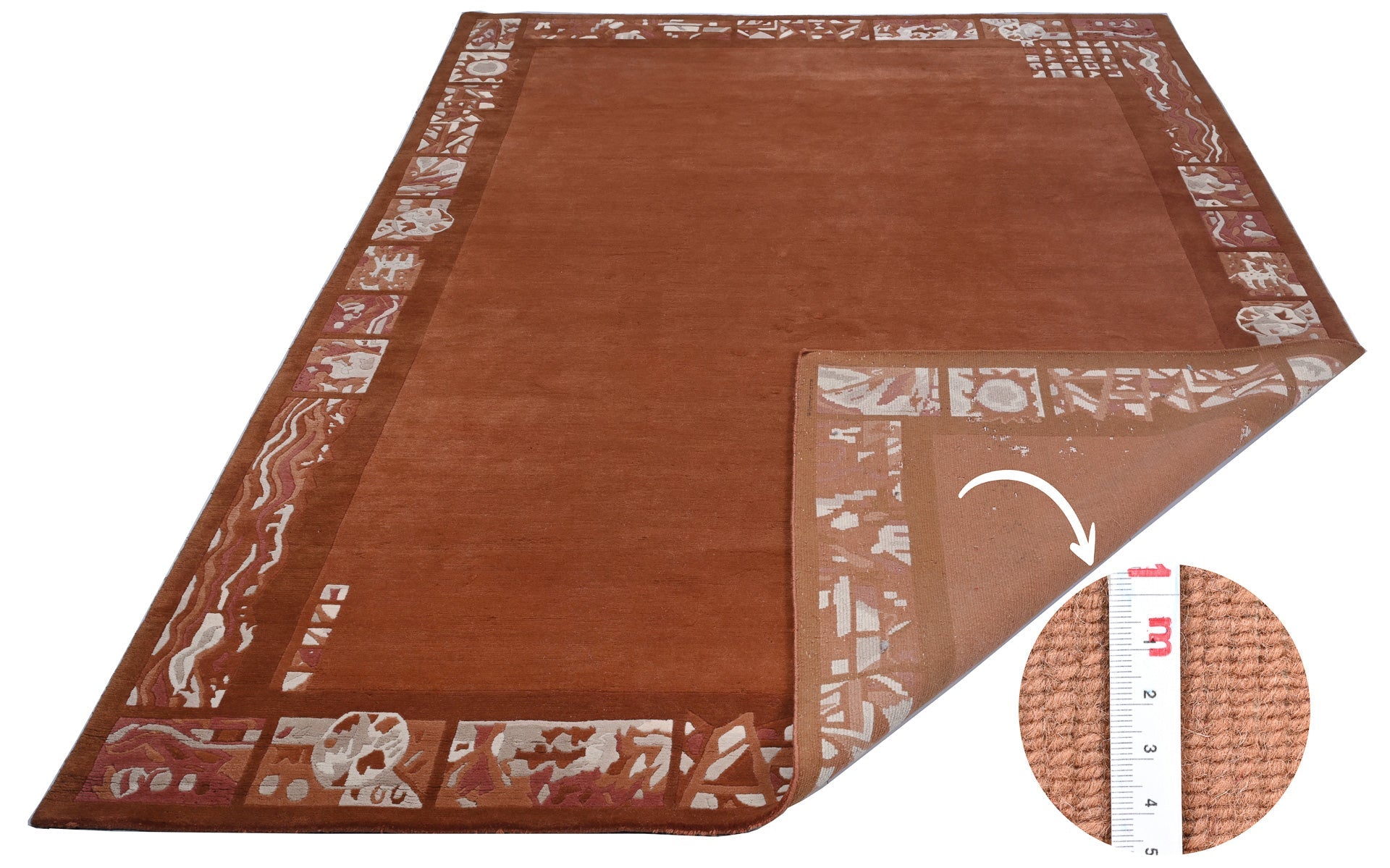 Handgeknüpfter Tibet Teppich in terra braun Retro Bordüre – Neuwertig