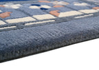 Handgeknüpfter Tibet Teppich in blau mit Retro-Bordüre – Neuwertig