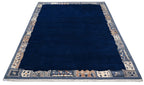 Handgeknüpfter Tibet Teppich in blau mit Retro-Bordüre – Neuwertig