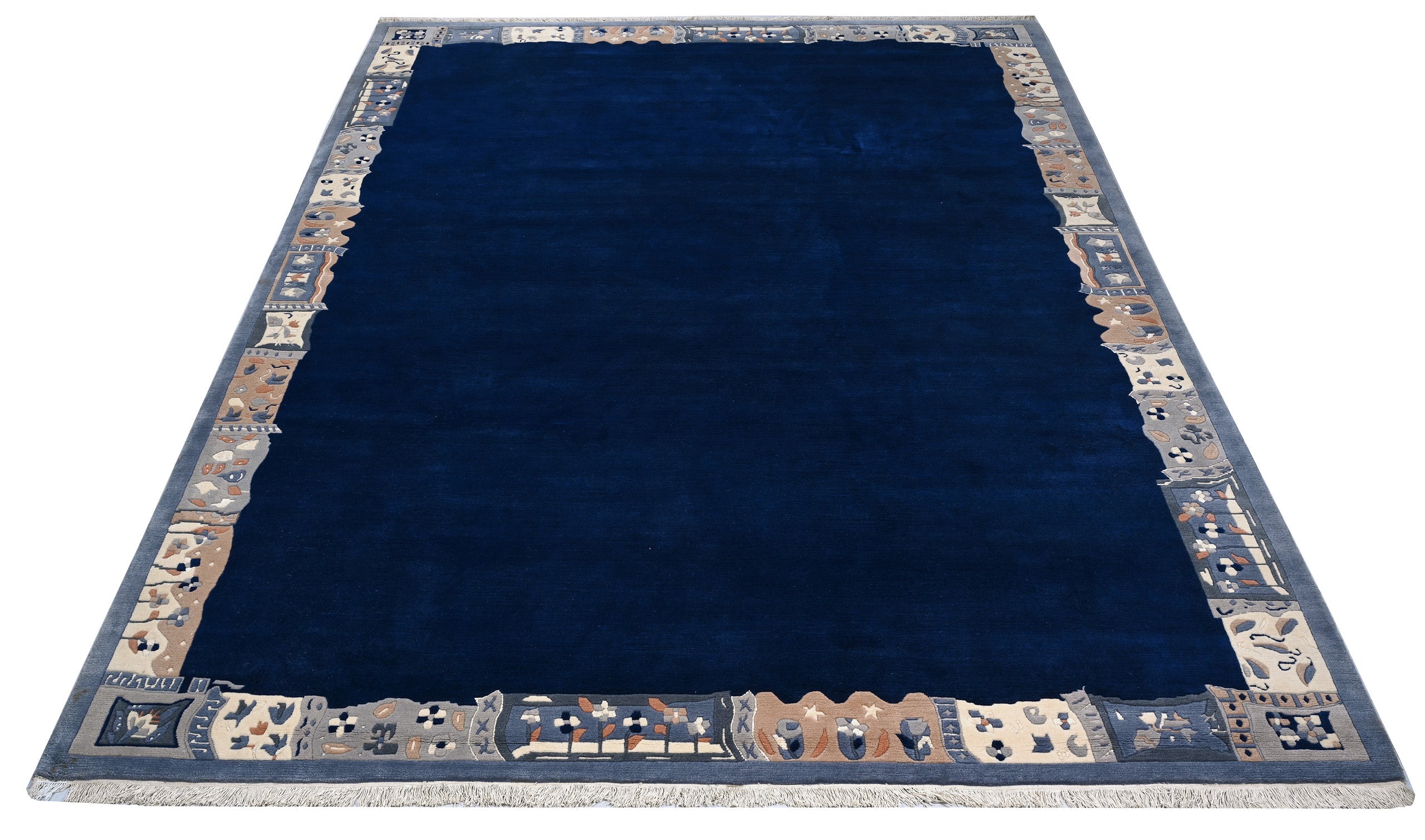 Handgeknüpfter Tibet Teppich in blau mit Retro-Bordüre – Neuwertig
