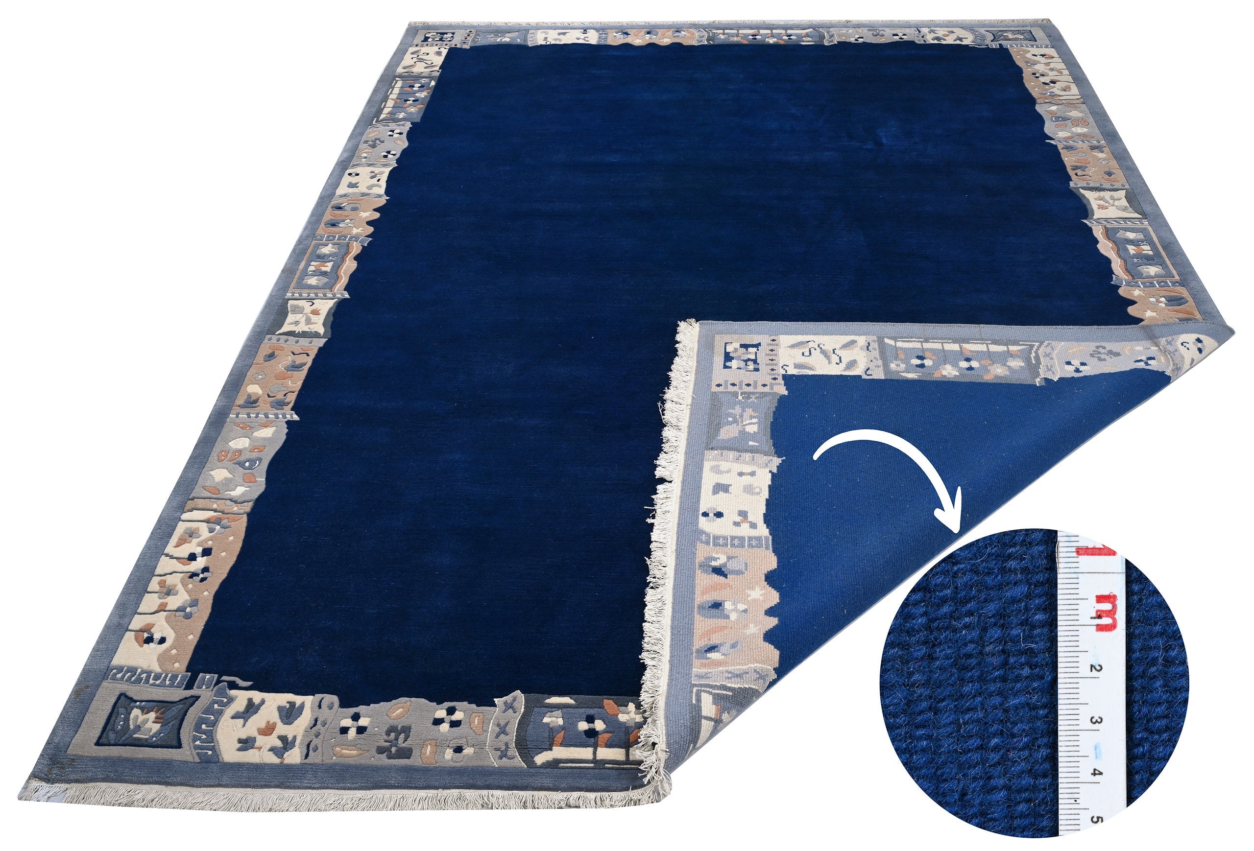 Handgeknüpfter Tibet Teppich in blau mit Retro-Bordüre – Neuwertig