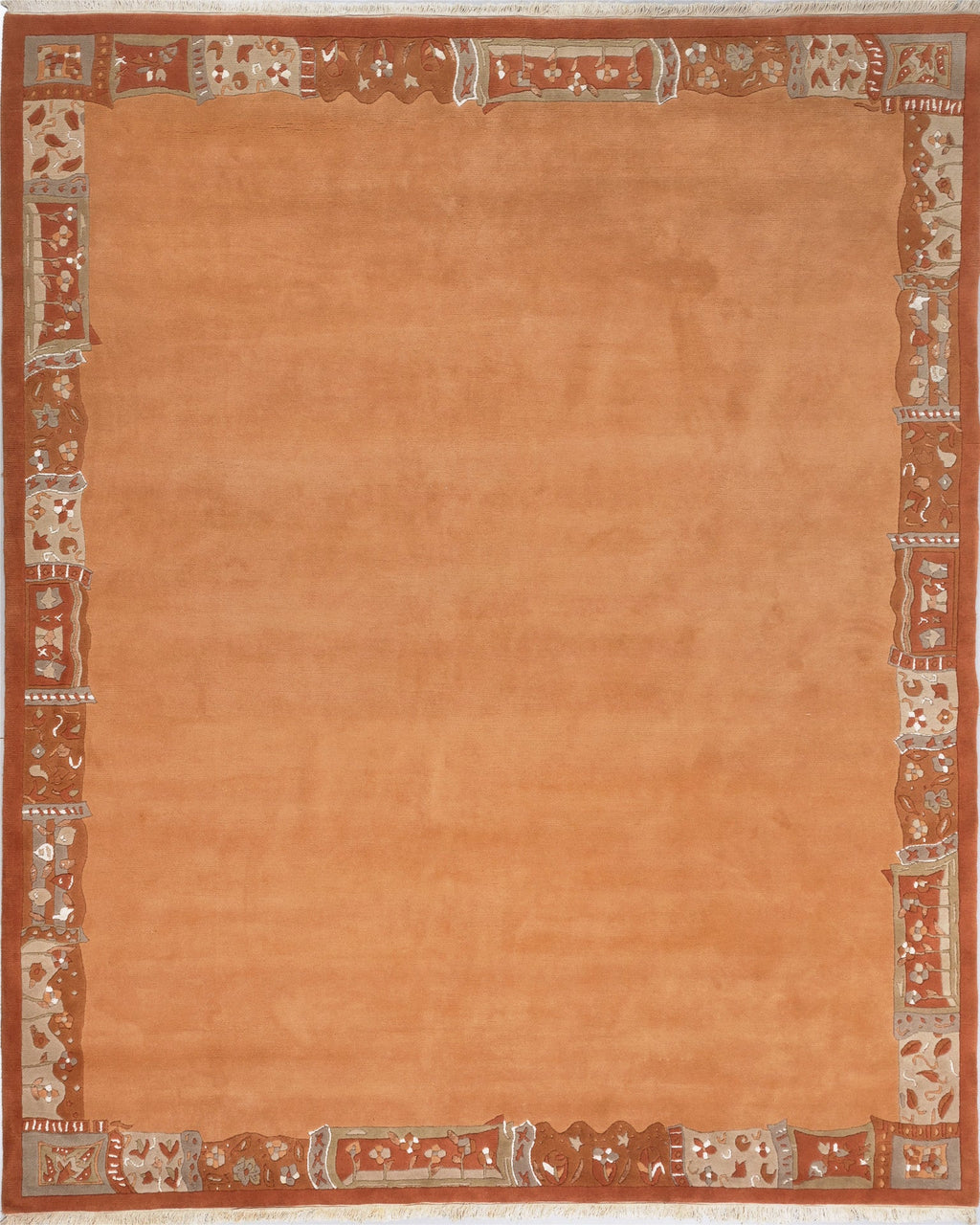 Handgeknüpfter Tibet Teppich in Apricot mit Retro Bordüre – Neuwertig